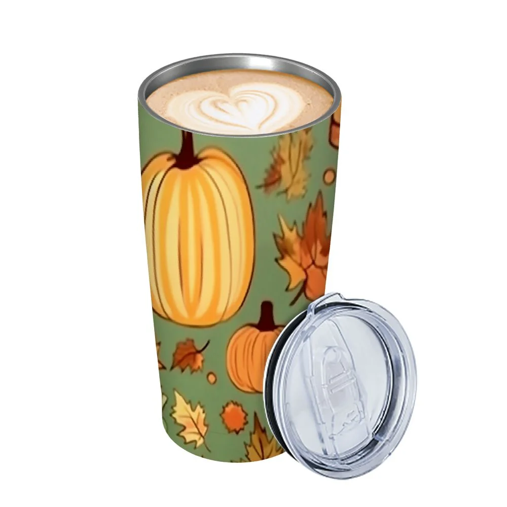 GOSMITH  Autumn Pumpkins Leaves Wheat Apples Stainless Steel Water Bottle Double Wall Leak Proof Vacuum Insulated with Leather Wrapped