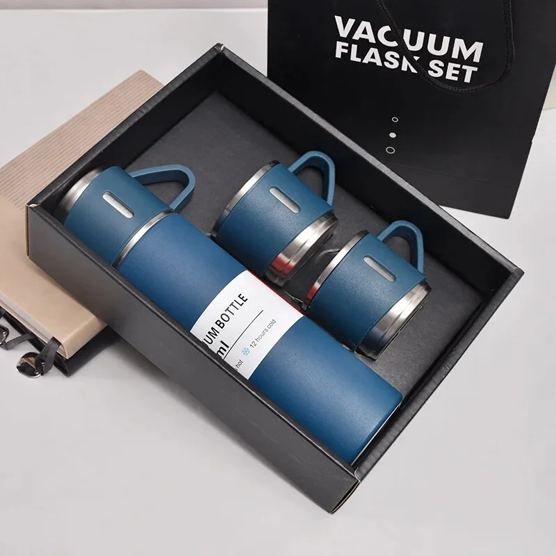 500ML 304 Stainless Steel Vacuum Insulated Bottle Gift Set Office Business Style Coffee Mug Thermos Bottle Portable Flask Carafe 500ml Blue Set