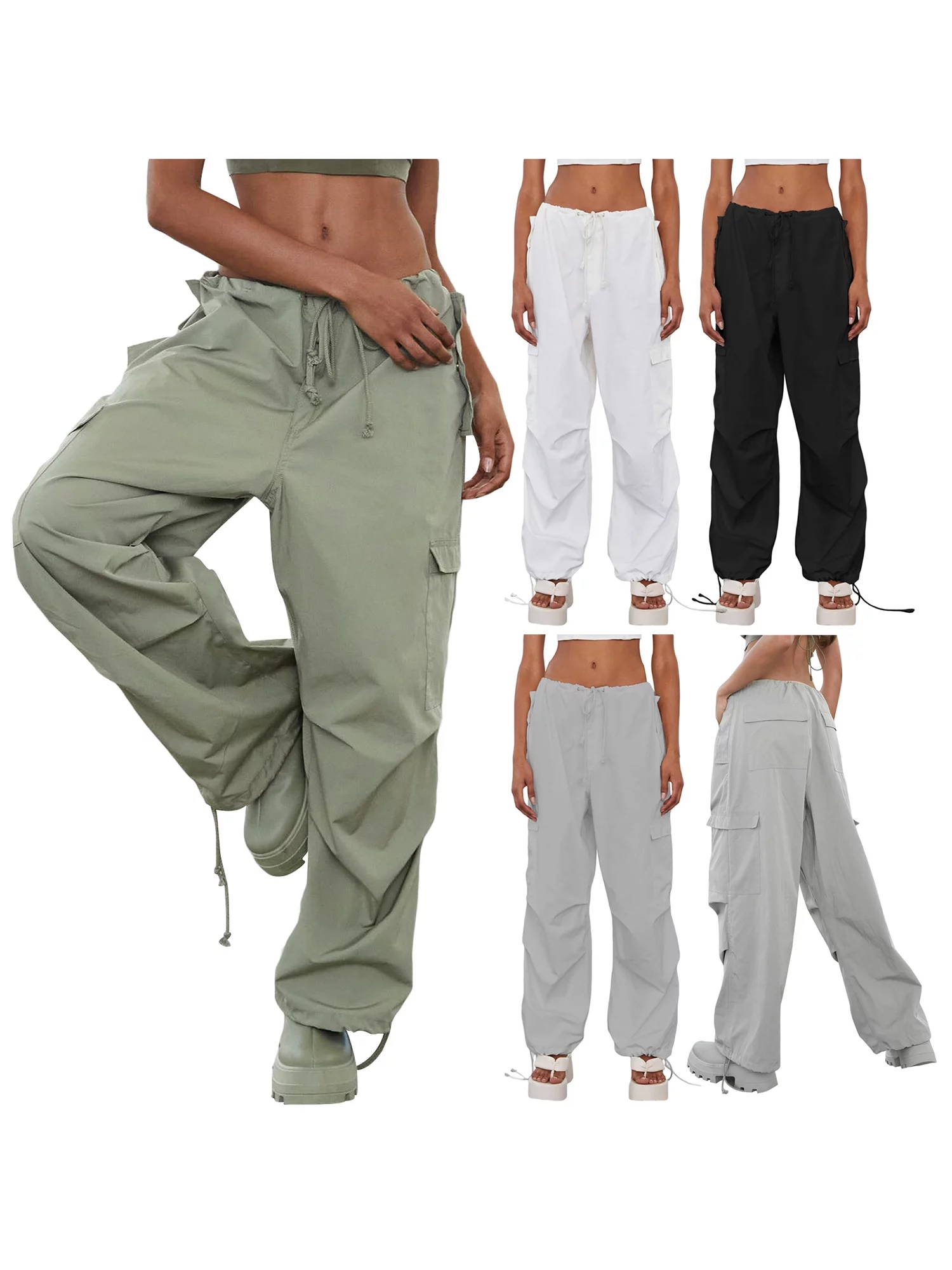 Cathery Low Waist Cargo Pants for Women Y2K Parachute Pants Wide Leg Loose Baggy Sweatpants Trousers Streetwear