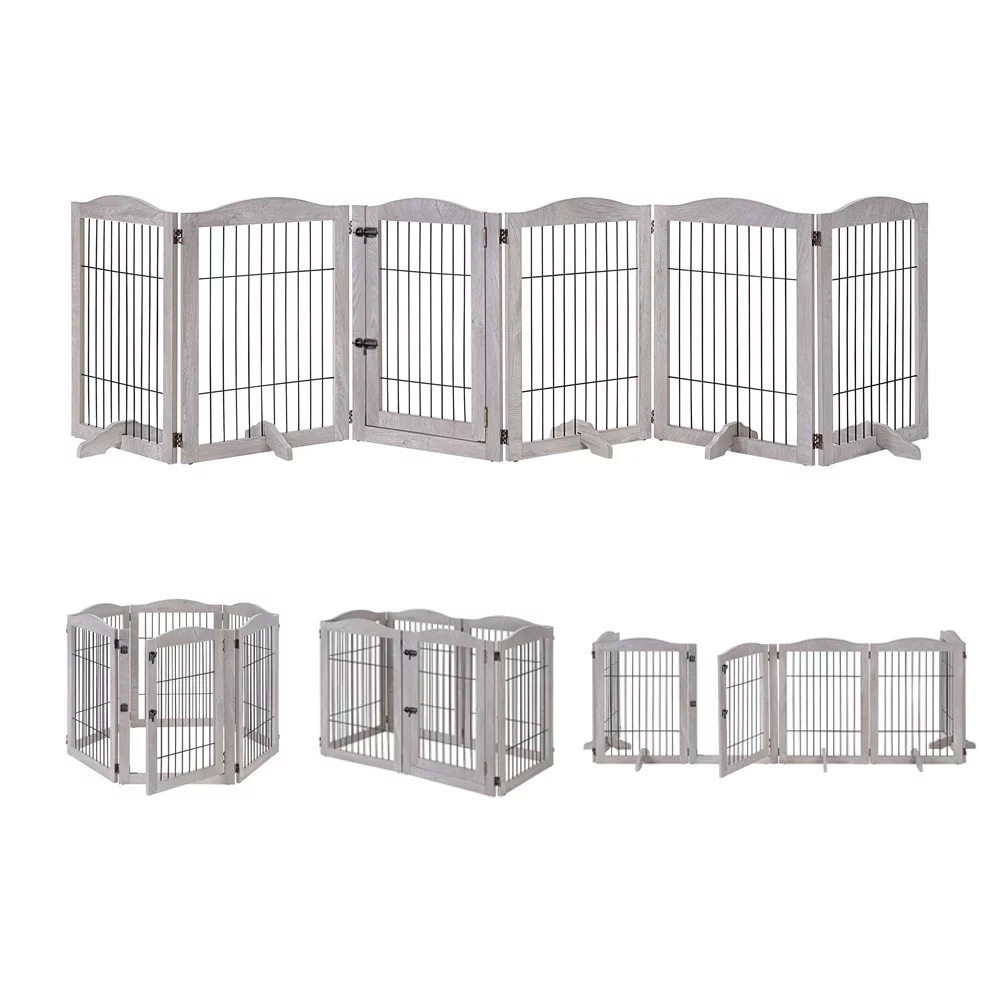 Unipaws Extra Wide Freestanding Dog Gate, 6 Panels Pet Playpen with Wood and Wire, Walk Through Dog Gate with 5 Support Feet