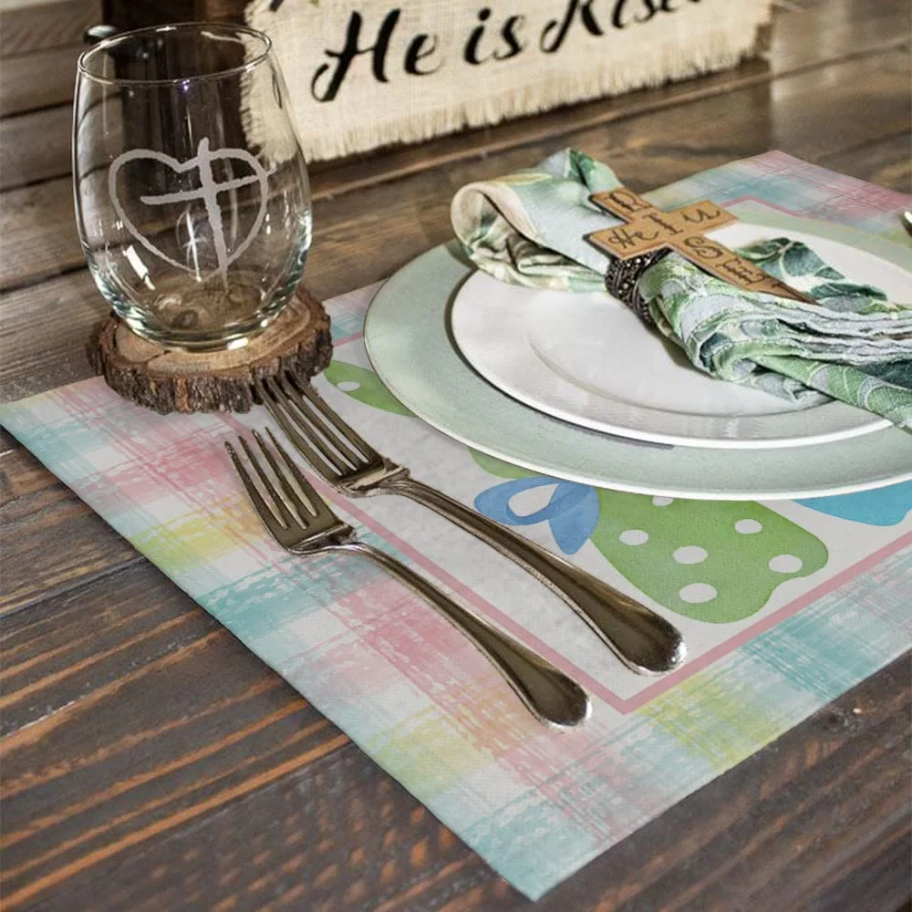 Rdsfhsp Easter Placemats 12x18 Inches Set of 4, Bunny Rabbit Pink Spring Holiday Farmhouse Linen Buffalo Plaid Indoor Table Mats Decorations for Holiday Home Dinner Party