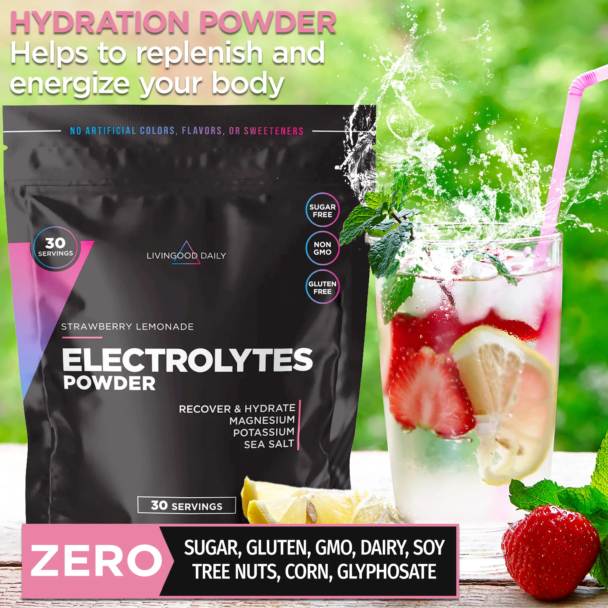 Livingood Daily Electrolyte Powder, Strawberry Lemonade - Sugar-Free Hydration Drink Mix