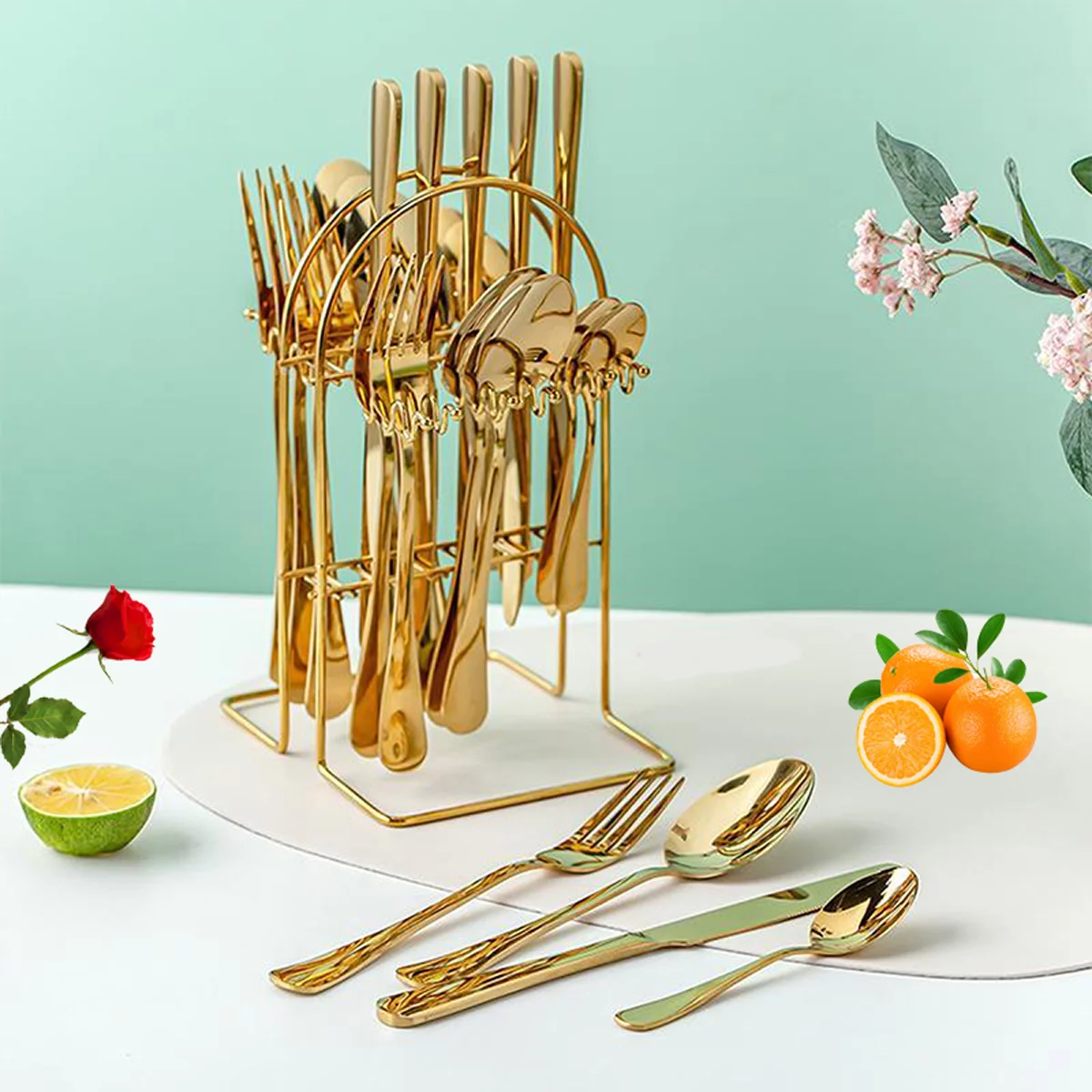 HYCSC Silverware Sets with Holder, Premium Stainless Steel Tableware Set, Mirror Polished Flatware Cutlery Set - Include Knife, Fork and Spoon, Dishwasher Safe, Nice Family Utensil Gift Set (Gold)