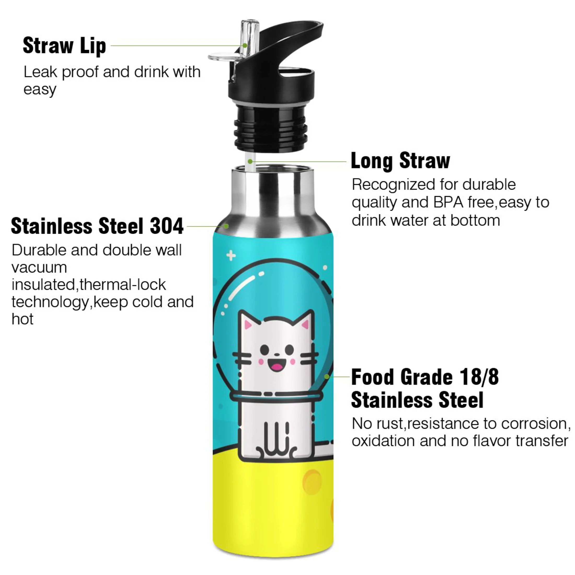 Water Bottle with Straw Lid Leak Cartoon Cat Stainless Steel Insulated Thermos Vacuum Flask for Cold Hot Drinking for Sports Camping Gym Yoga