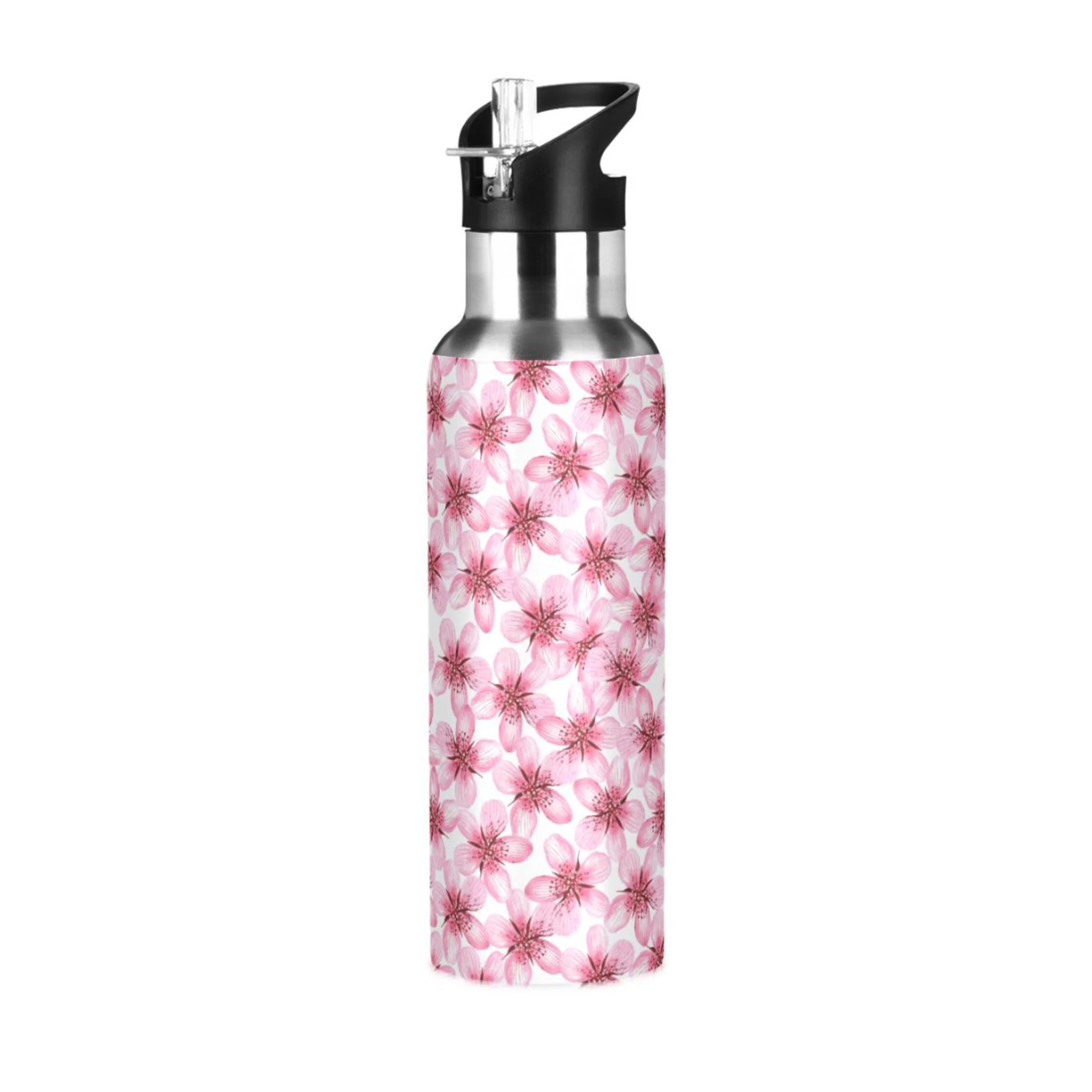 Pink Almond Flowers Water Bottles Insulated Thermos Kids Stainless Steel Bottle with Straw Lid Flask Leakproof for Sports Gym 20 oz