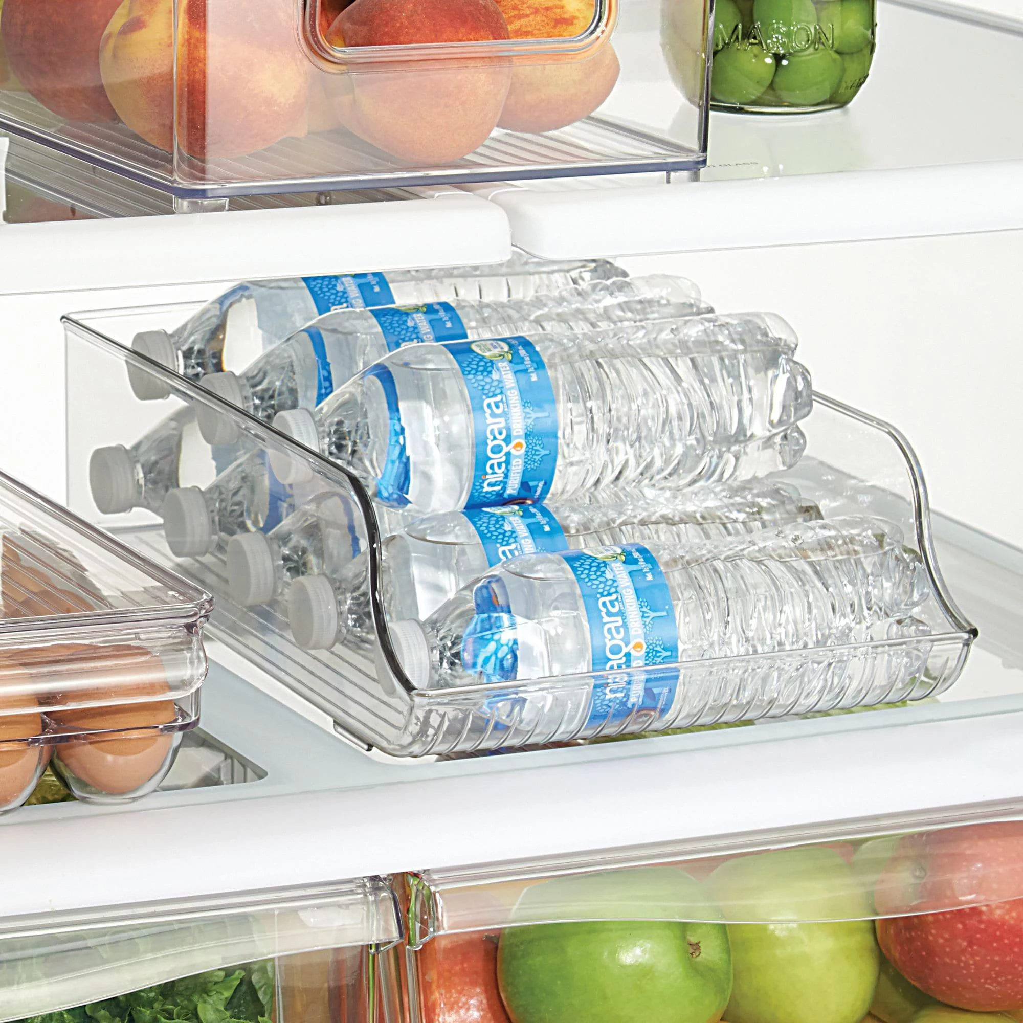 Clear Plastic Water Bottle Storage Organizer Bin, Storage Dispensers Holder Up to 9 Pack 16.9 oz Water Bottle for Refrigerators, Fridge, Freezers, Cabinets, Pantry -BPA Free