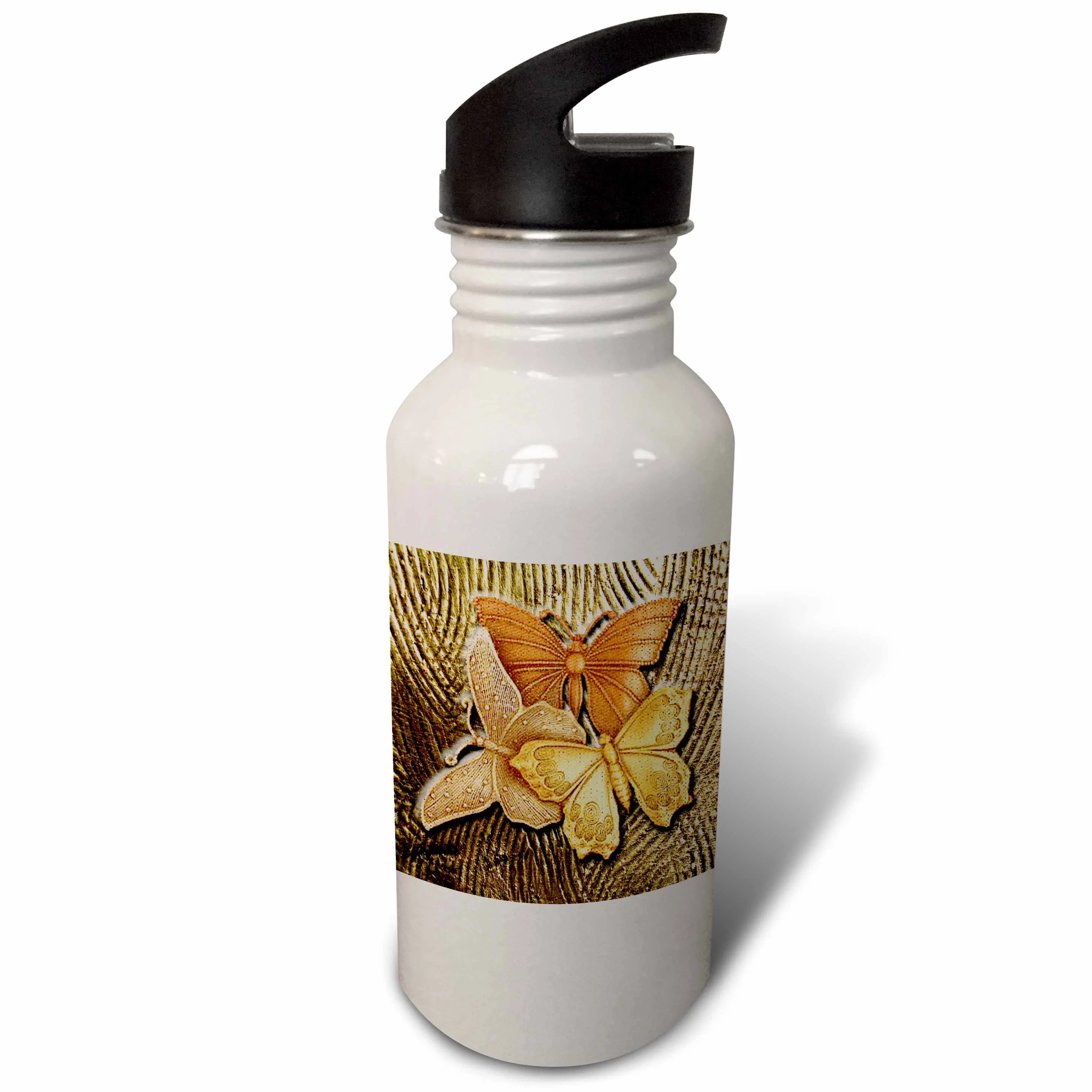 Gold Embossed background with accents and three beautiful butterflies in golds, yellows and copper. 21 oz Sports Water Bottle wb-128812-1