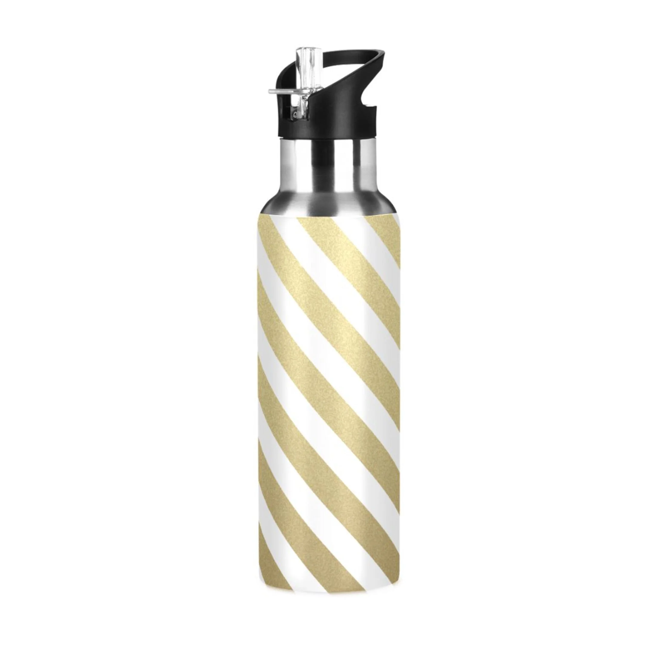 Stainless Steel Water Bottle Luxury Elegant Gold Stripes with Straw Lid Vacuum Insulated Leak Proof Flask Jug for Gym Travel Sports Cycling Outdoor 20 OZ