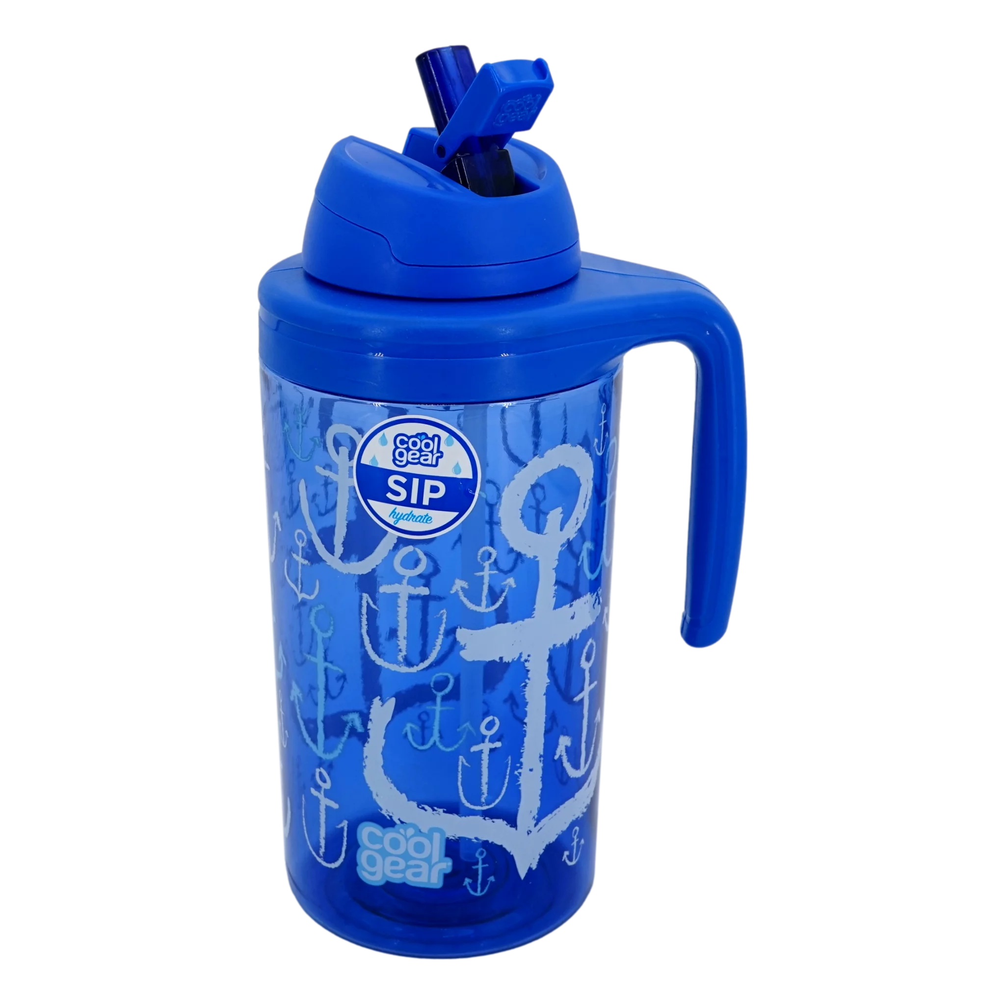 Hello Summer Hydration Bottle Blue Anchor, 62.5 oz Water Tumbler Flip Up Sip Straw Lid Handle BPA Free Dishwasher Safe