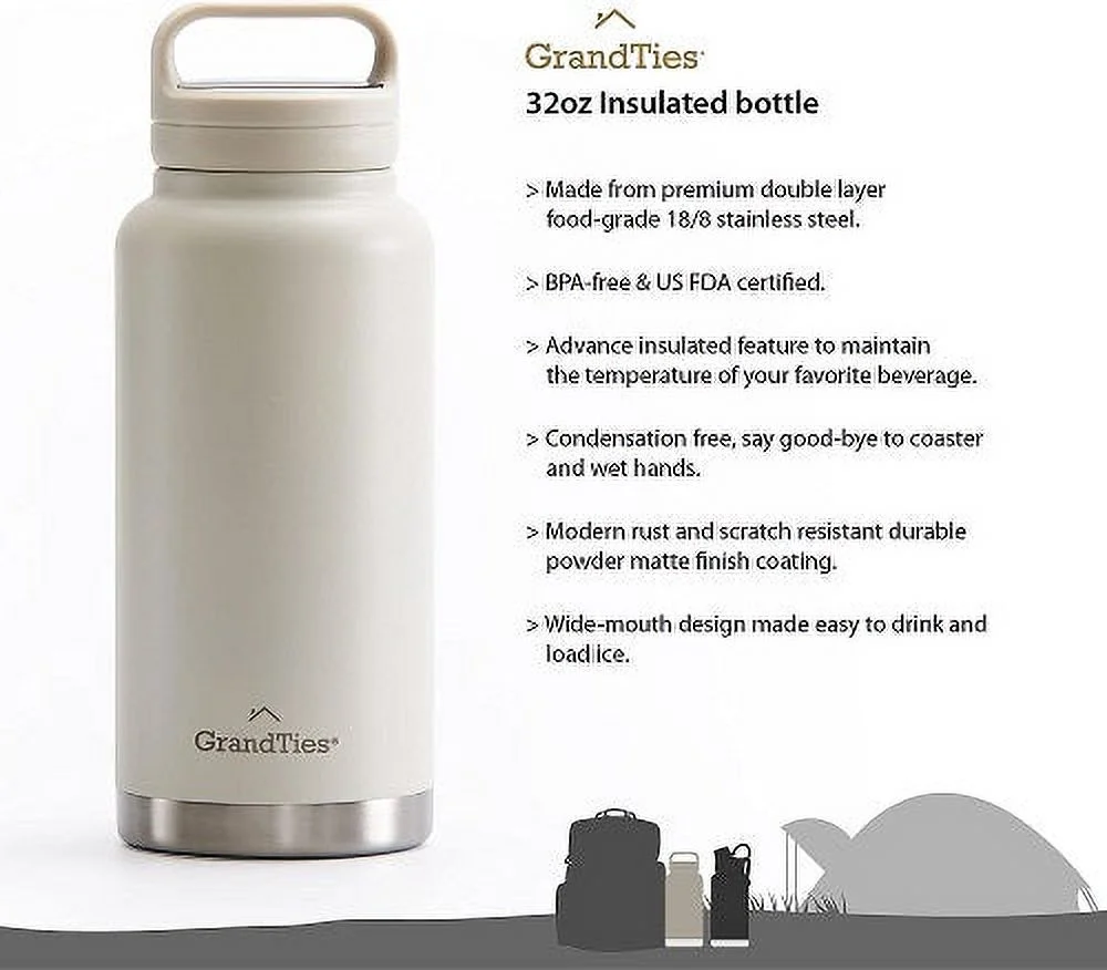 GrandTies 2 Lids Sports Stainless Steel Water Bottles &ndash; Wide Mouth Vacuum Insulated Reusable Leak Proof BPA-Free Travel Metal Canteen, Thermos Bottles for Men Women Gym
