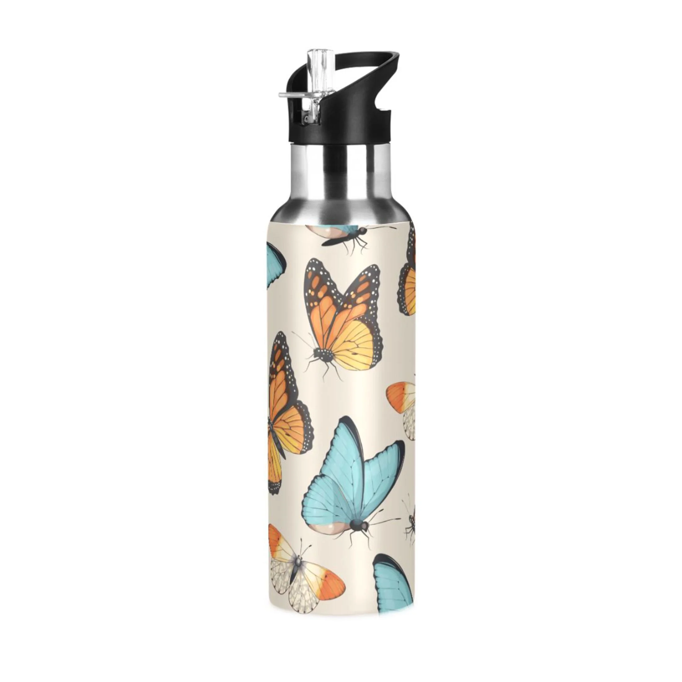 Butterfly Flying Water Bottles Insulated Thermos Kids Stainless Steel Bottle with Straw Lid Flask Leakproof for Sports Gym 20 oz