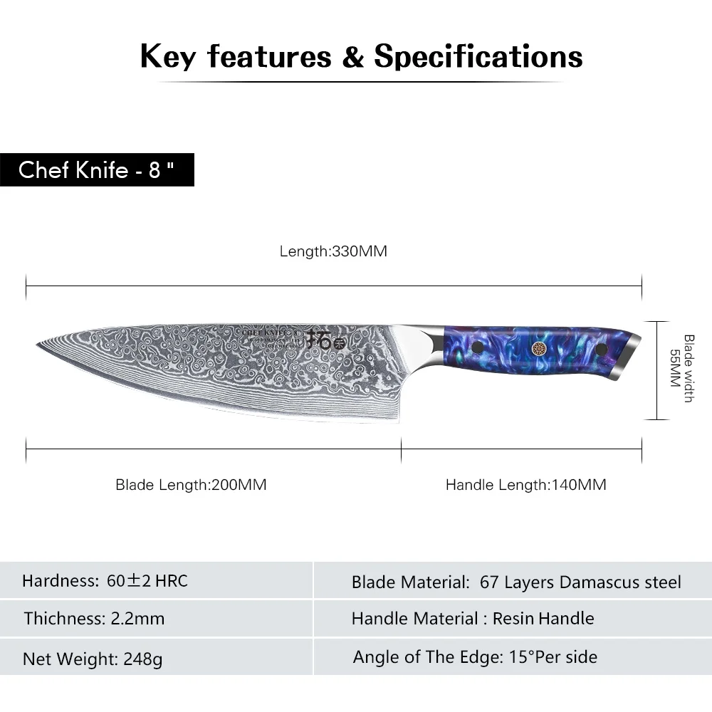 TURWHO 8inch Chef Knife Japanese VG10 Damascus Steel Kitchen Knife, Cook Knife, with Blue Resin Handle