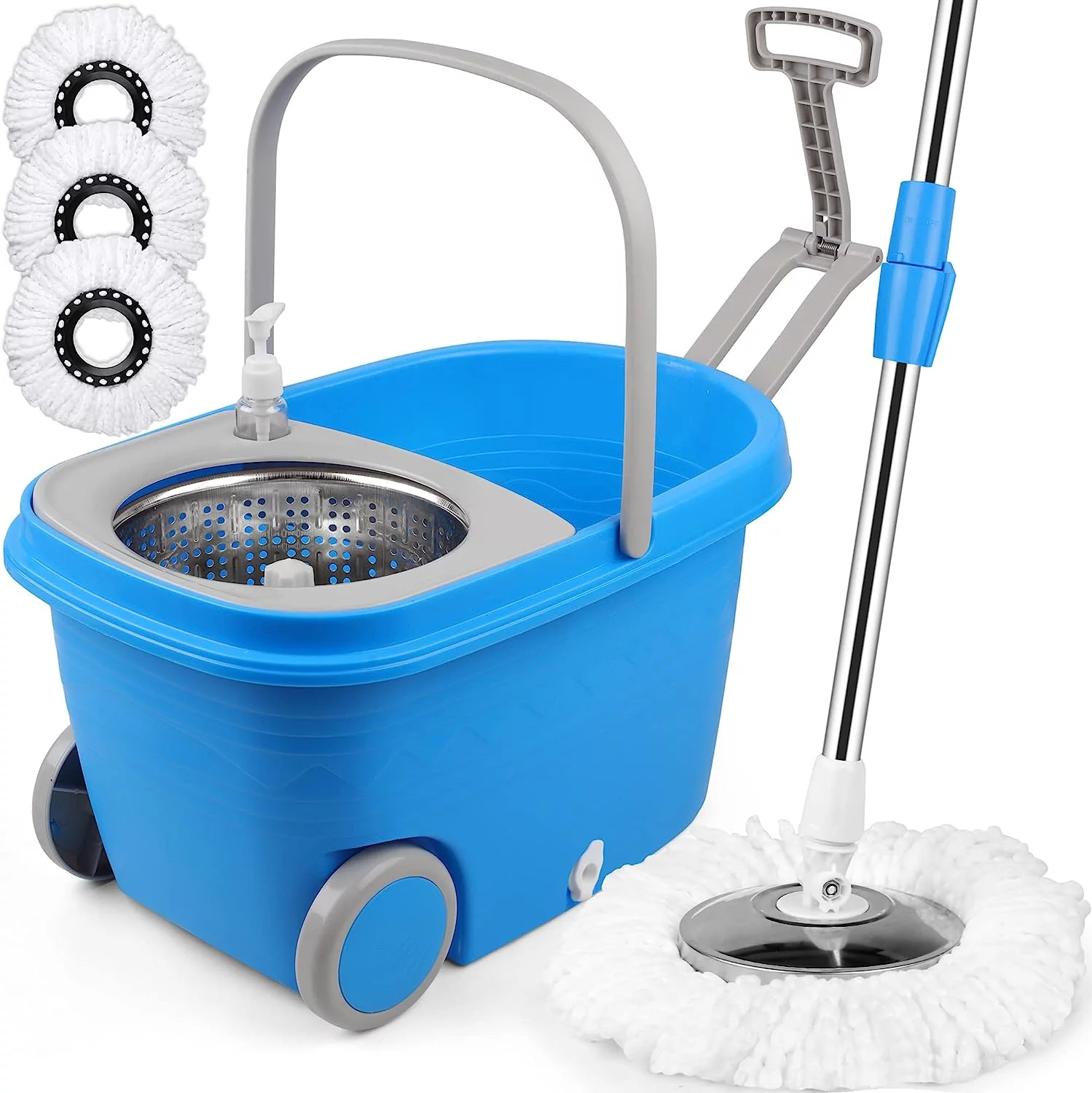 Spin Mop and Bucket with Wringer Set on Wheels, Mop and Bucket with 3 Microfiber Mop Head Refills, Stainless Steel 61