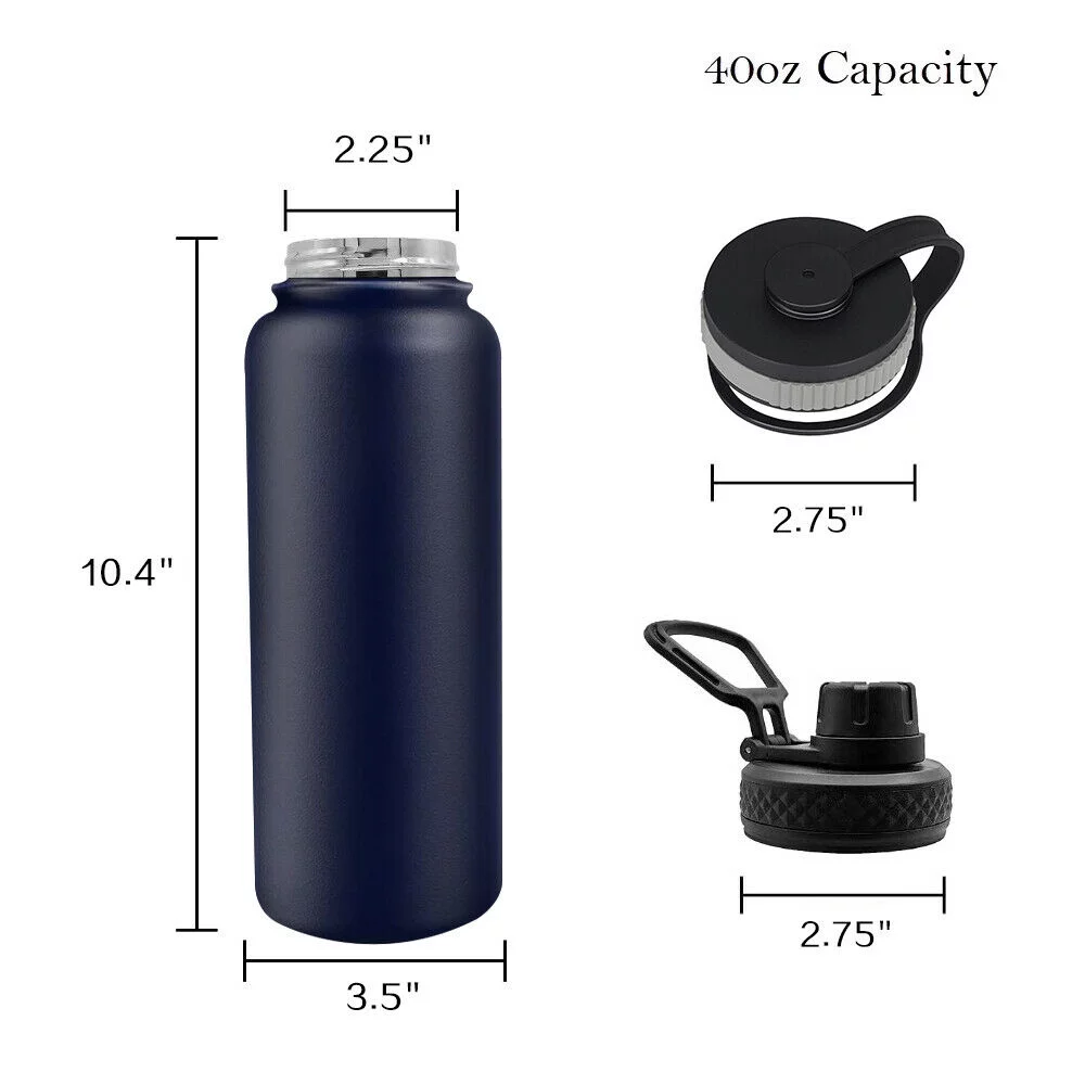 1 Pcs 40oz Water Bottle Stainless Steel Wide Mouth Double Wall Vacuum Insulation Bottle Navy Blue Color