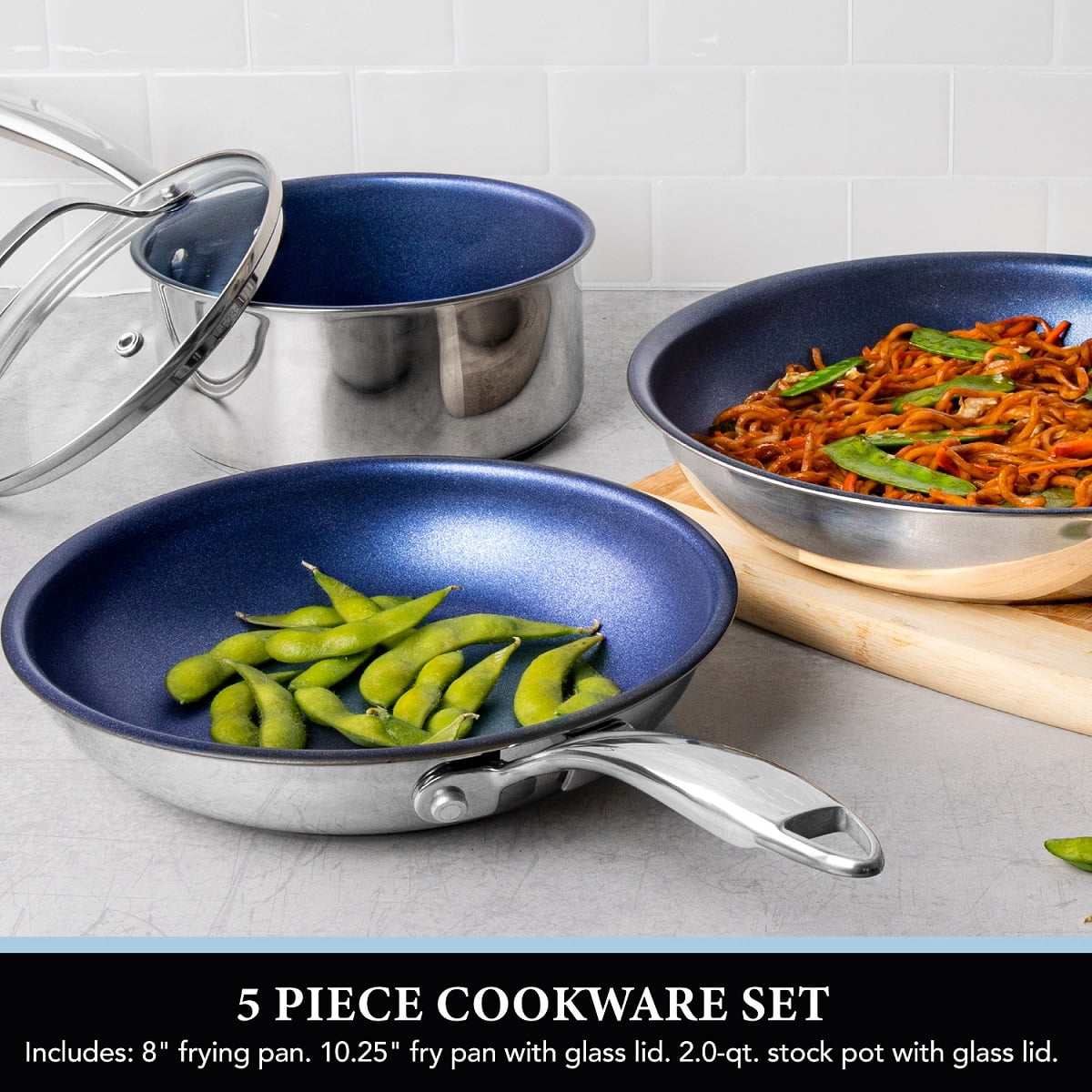 Granitestone Blue Nonstick Cookware Set, Tri-Ply Base, Stainless Steel Pots & Pans Set, 5 Piece Cookware, Includes, Frying Pans, Stock Pots & Skillets, Dishwasher & Induction Safe, Stay Cool Handles