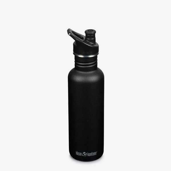 Klean Kanteen Classic Water Bottle with Sport Cap - Stainless Steel Sports Water Bottle - 27 Oz, Black