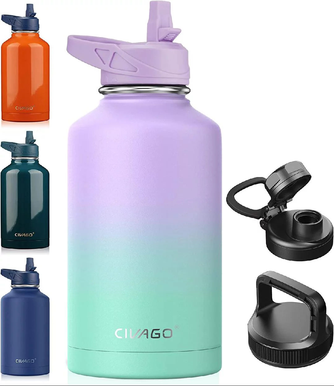 64 oz Insulated Water Bottle With Straw, Half Gallon Stainless Steel Sports Water Flask Jug with 3 Lids (Straw, Spout and Handle Lid), Large Metal Thermo Cup Mug, Cotton Candy