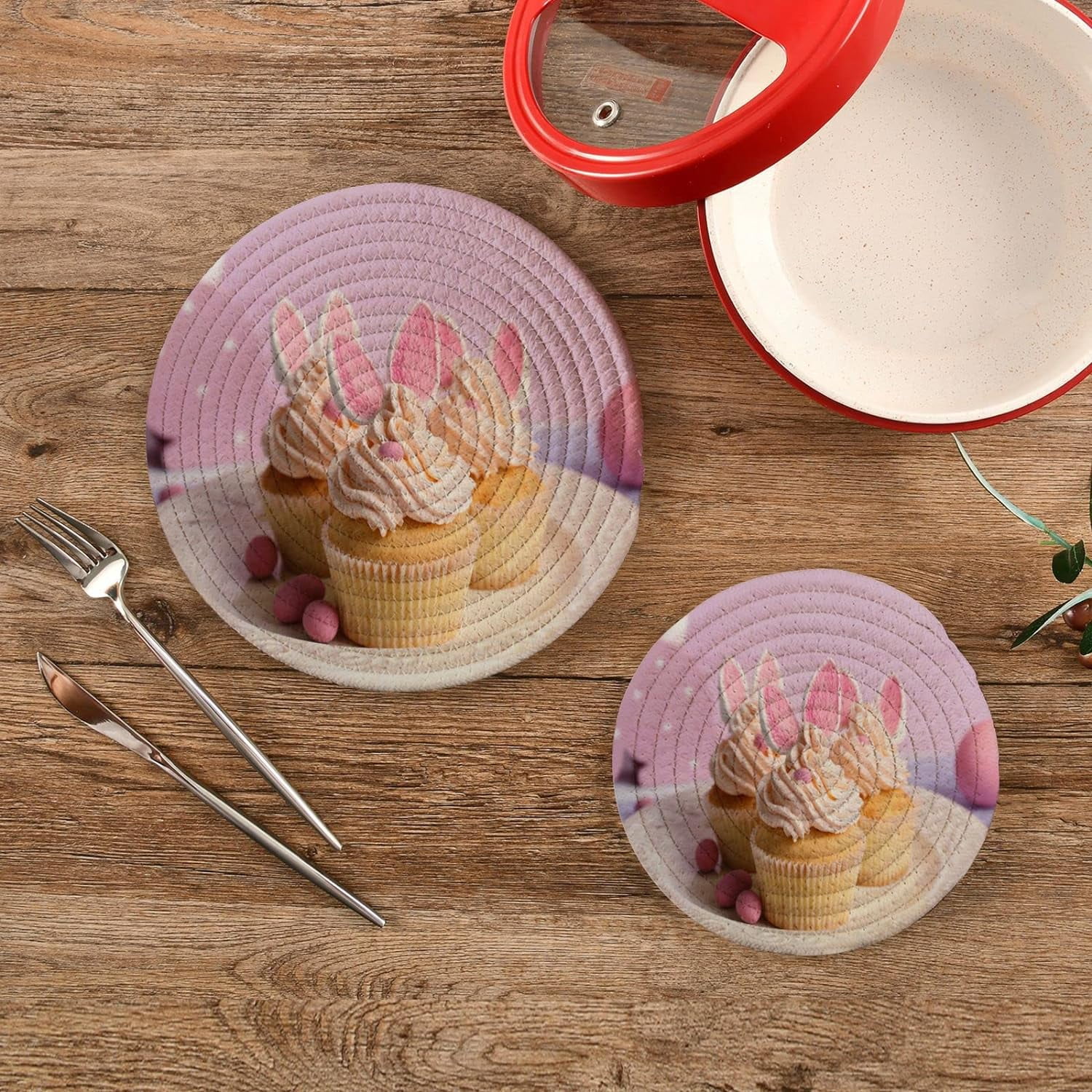 GZHJMY Easter Cake Heat Resistant Trivets Potholders 2PCS, Round Cotton Weave Handmade Pot Holder, Non-Slip Hot Mats Kitchen Dining Plate Mat16 for Kitchen Pans Bowl Teapot