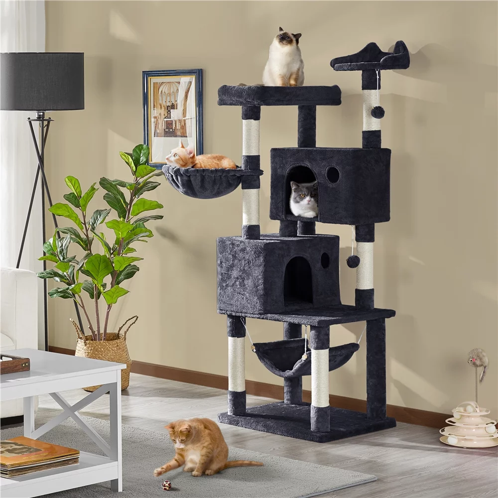 Topeakmart 64.5in Multi-level Large Cat Tree Condo Tower with Hammock Scratching Posts & Hammock, Black