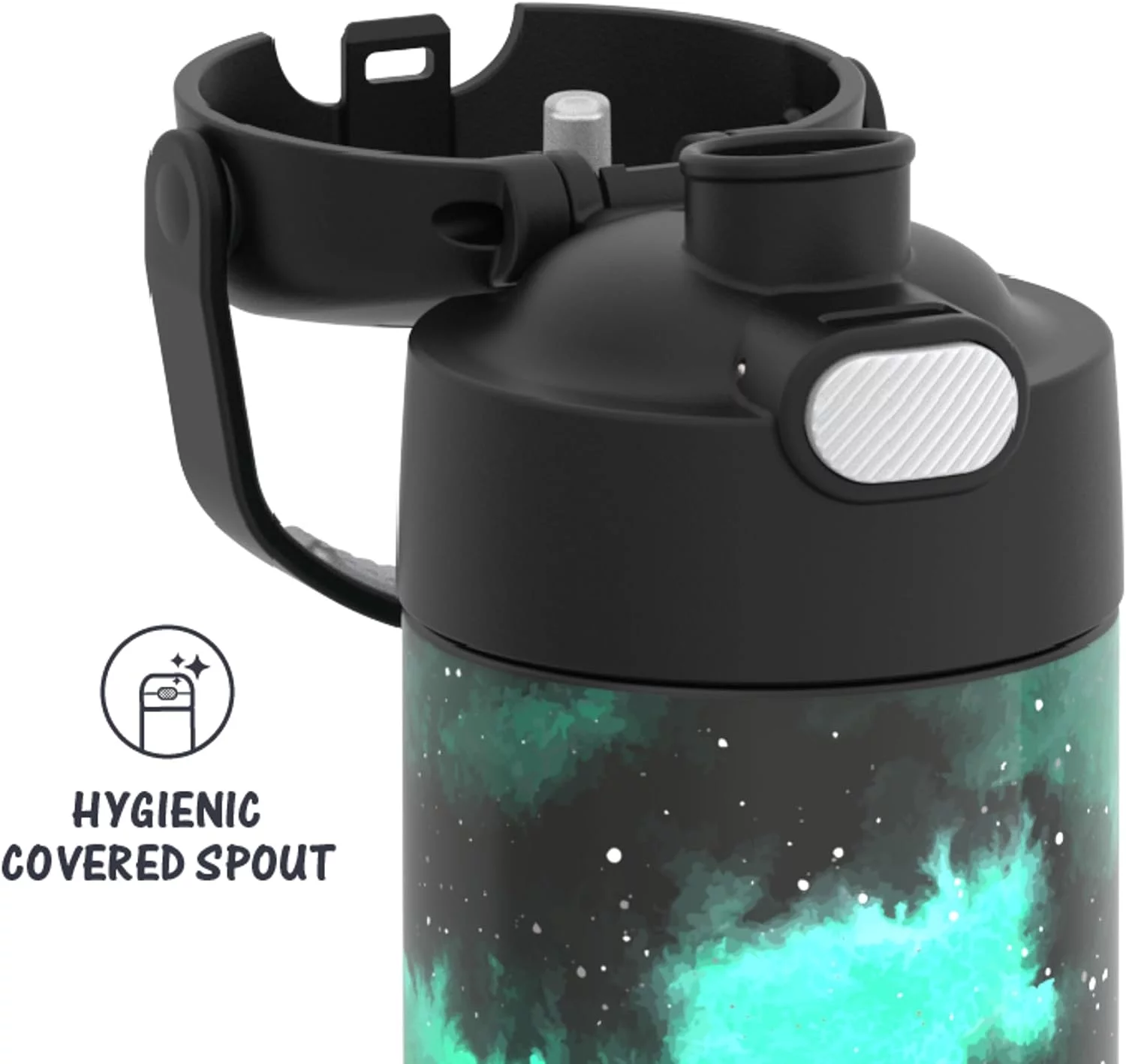 THERMOS FUNTAINER 16 Ounce Stainless Steel Vacuum Insulated Bottle with Wide Spout Lid, Galaxy Green