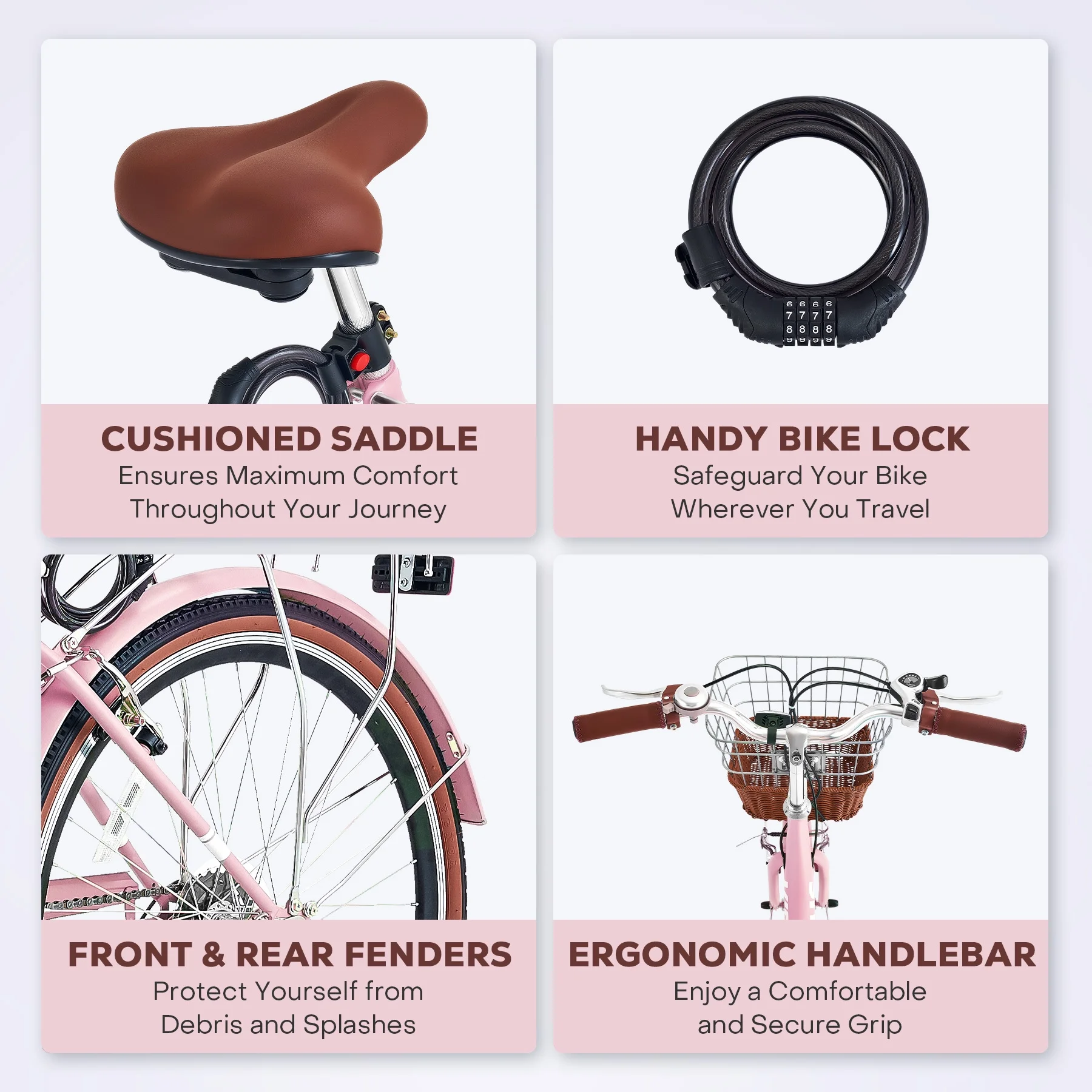 Women's Bike 26 Inch Beach & City Cruiser Bicycle with 7 Speed Basket Pink