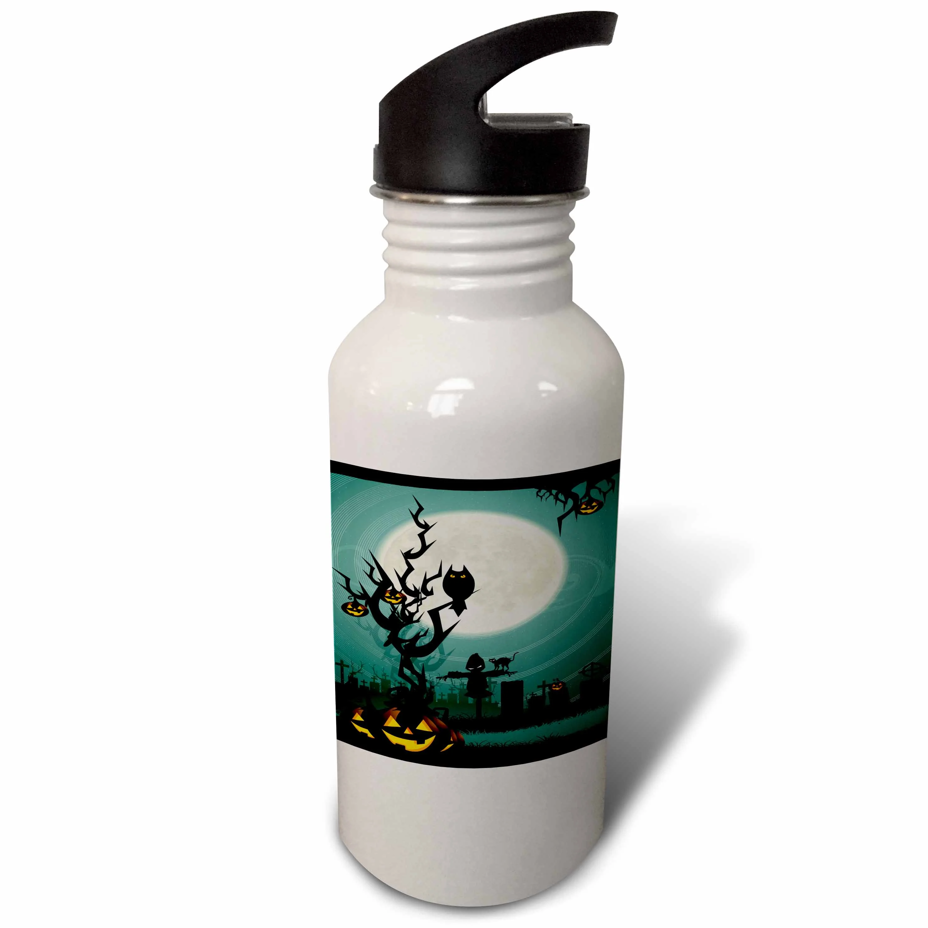 A Scary Halloween Scene With A Pumpkin, Haunted Tree Under A Big White Moon 21 oz Sports Water Bottle wb-153147-1