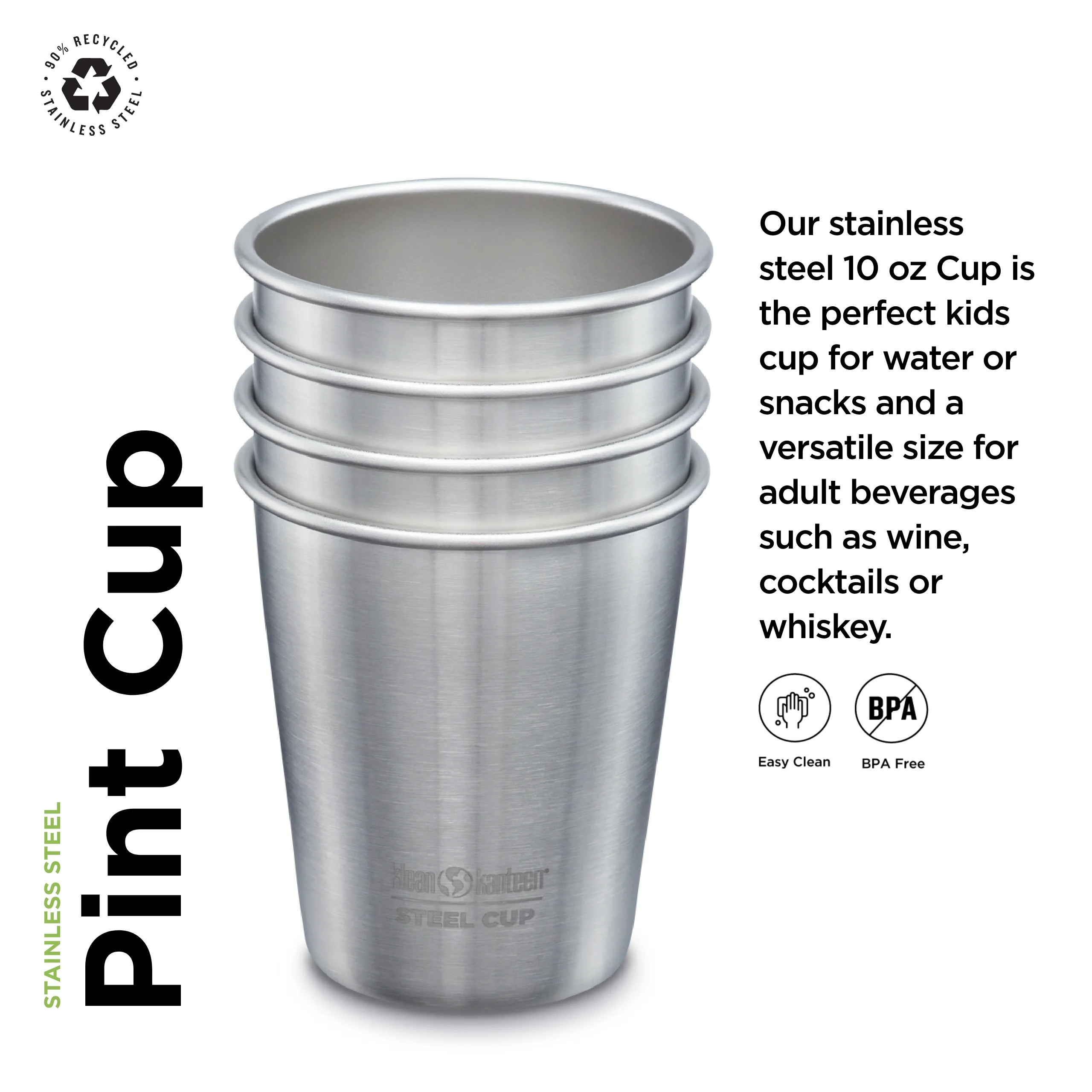 Klean Kanteen Cup - Stainless Steel Cup for Home, Picnics, Camping, and More - 10 Oz (4 Pack)