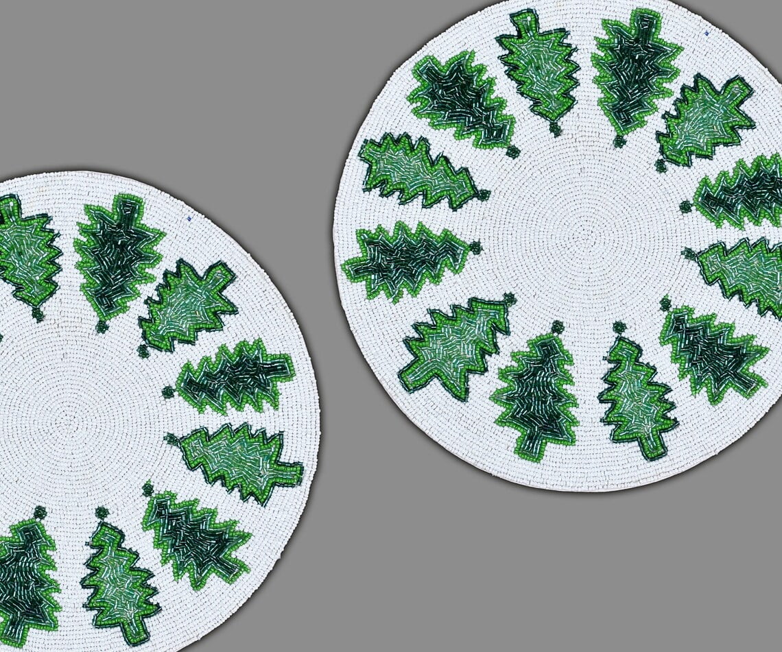 Set of 6 Handmade Placemats, Beaded Christmas Tablemats, Designer X-mass Tableware 13X13 Inch