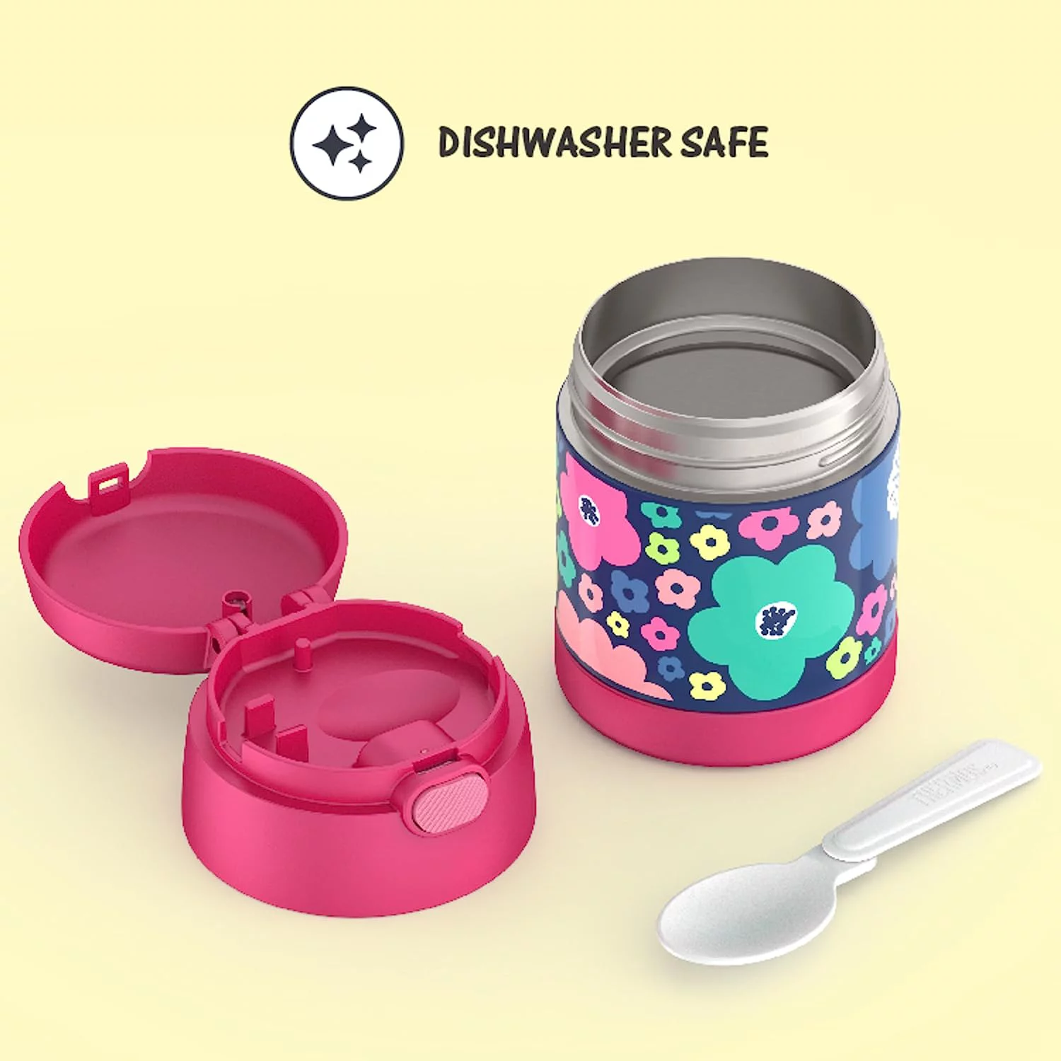 THERMOS FUNTAINER 10 Ounce Stainless Steel Vacuum Insulated Kids Food Jar with Spoon, Mod Flowers