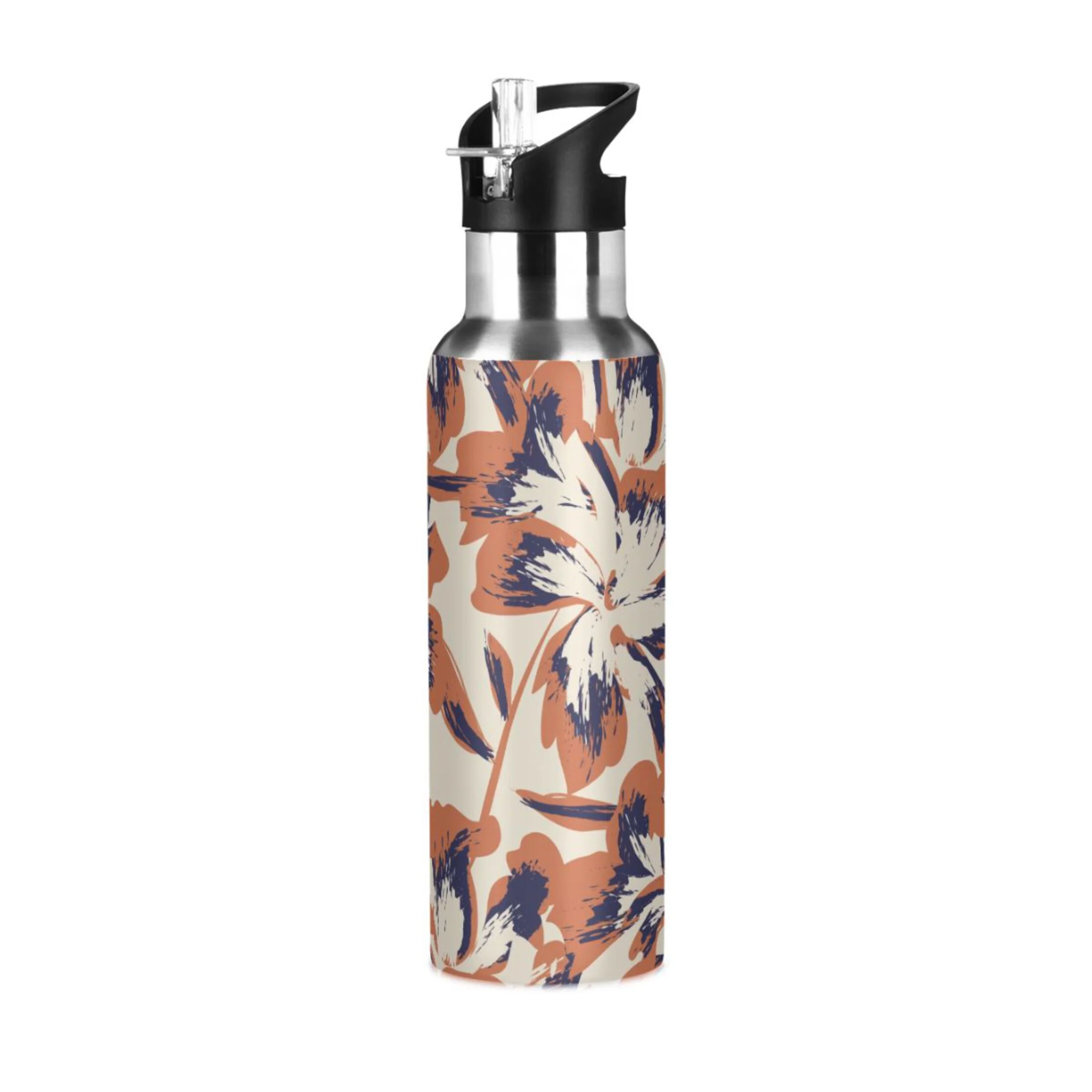 Water Bottle with Straw Lid Leak Floral Orange Flowers Stainless Steel Insulated Thermos Vacuum Flask for Cold Hot Drinking for Sports Camping Gym Yoga