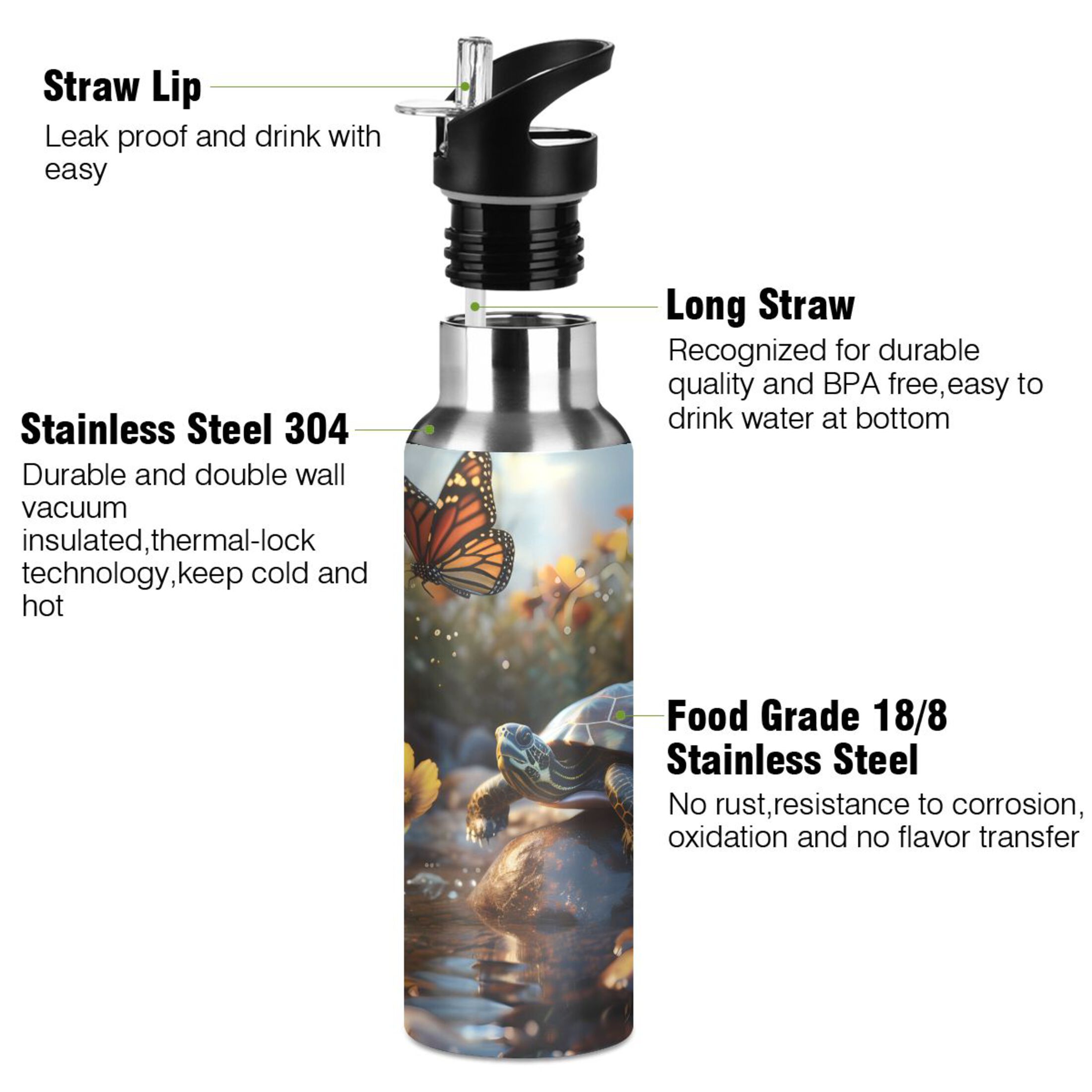 Turtle Butterflies View Water Bottles Insulated Thermos Kids Stainless Steel Bottle with Straw Lid Flask Leakproof for Sports Gym 20 oz
