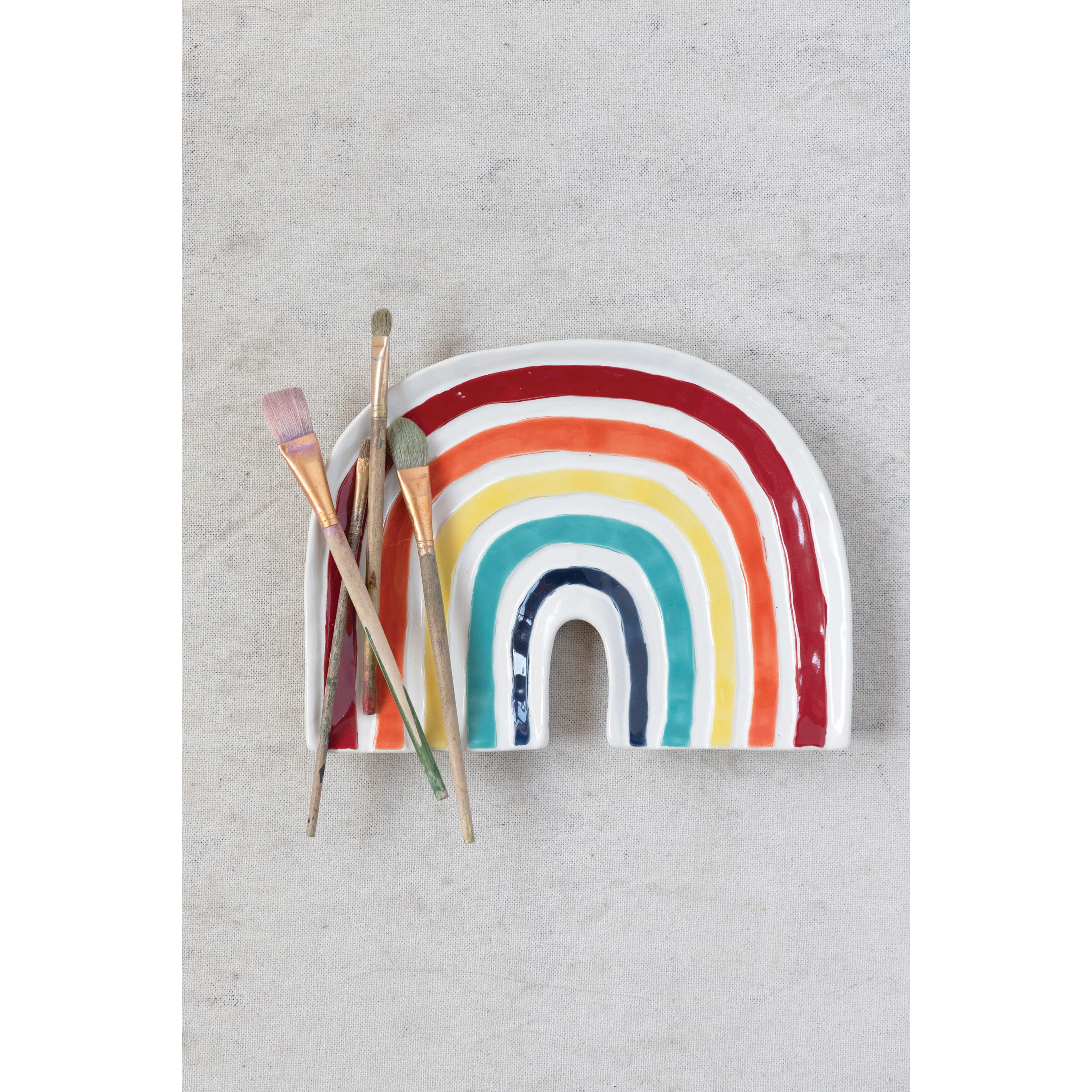 Creative Co-Op Hand-Painted Debossed Stoneware Rainbow Plate