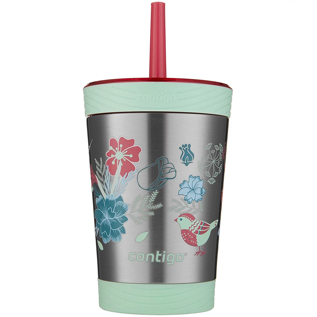 Contigo Kids Spill-Proof Stainless Steel Tumbler with Straw Sprinkles with Birds and Flowers, 12 fl oz.