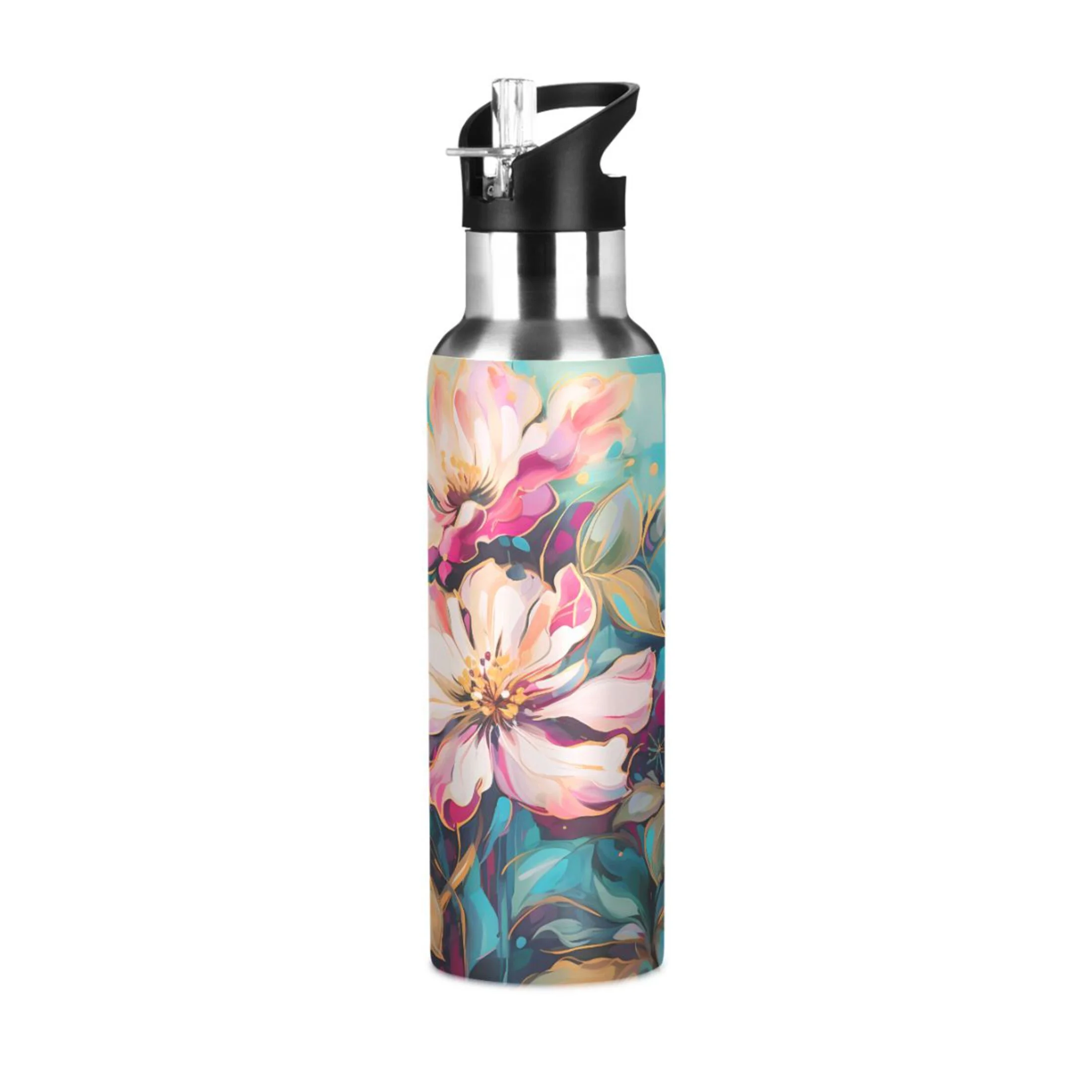 Water Bottle with Straw Lid Leak Pink Flowers in Blue Stainless Steel Insulated Thermos Vacuum Flask for Cold Hot Drinking for Sports Camping Gym Yoga