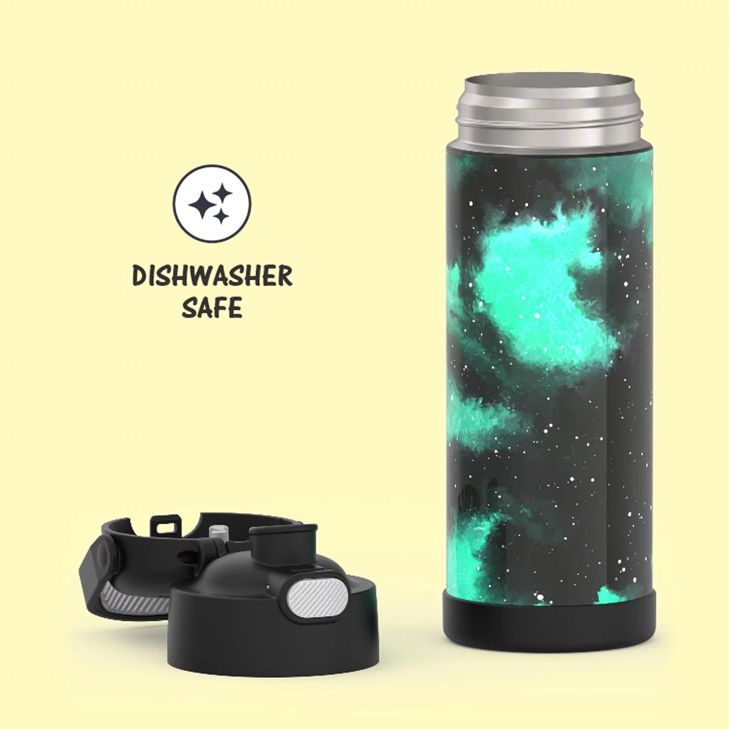 THERMOS FUNTAINER 16 Ounce Stainless Steel Vacuum Insulated Bottle with Wide Spout Lid, Galaxy Green