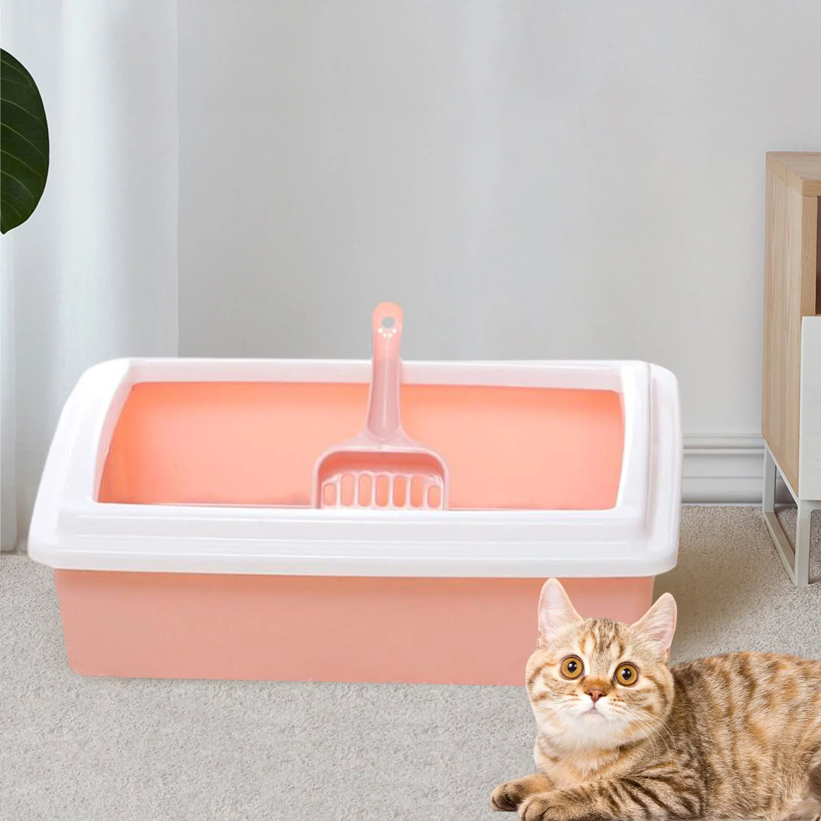 Pet Small Cat Toilet with Scooper Bunny Rectangle Potty Trainer, Corner Pet Pan for Small Animal/Rabbit/Guinea Pink