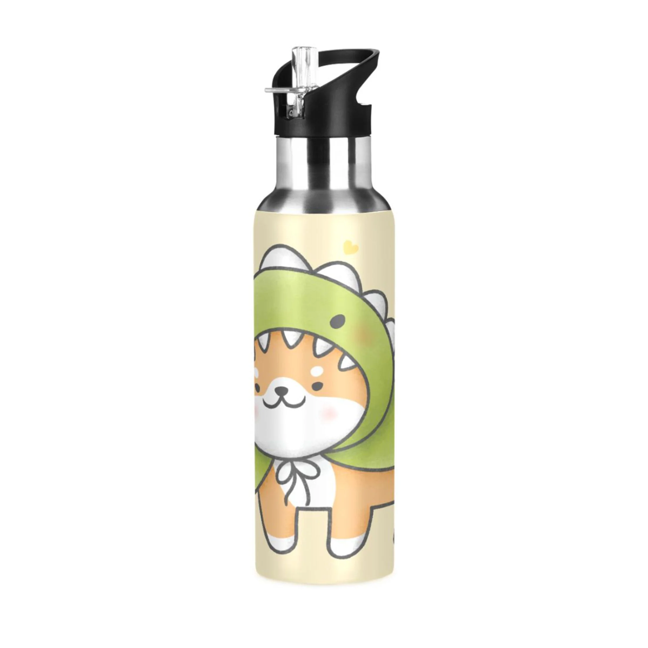 Water Bottle with Straw Lid Leak Shiba Inu Dog in Dinosaur Stainless Steel Insulated Thermos Vacuum Flask for Cold Hot Drinking for Sports Camping Gym Yoga