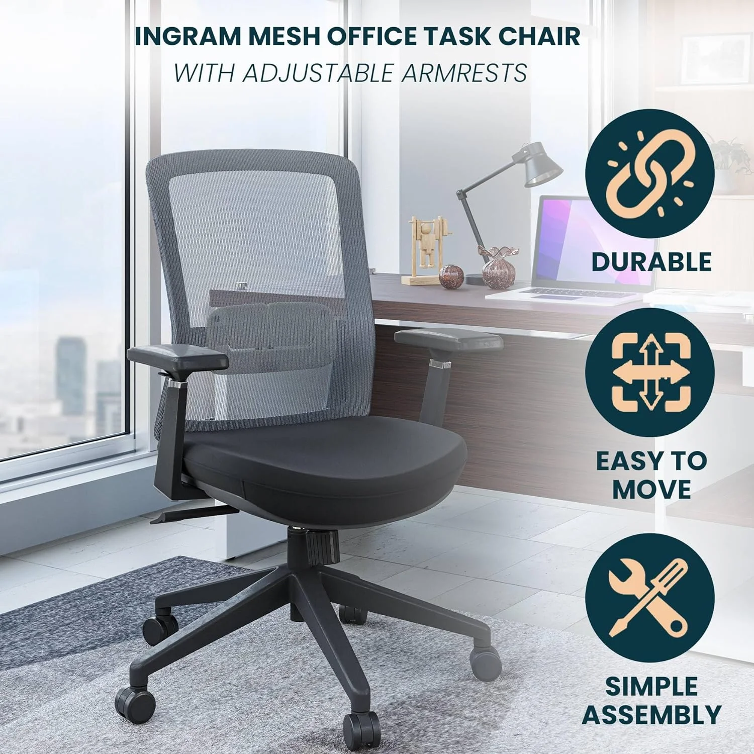 Igram Moder Height Office Task Chair With Adjustable Armrests Ad 360 Degree Swivel, Grey