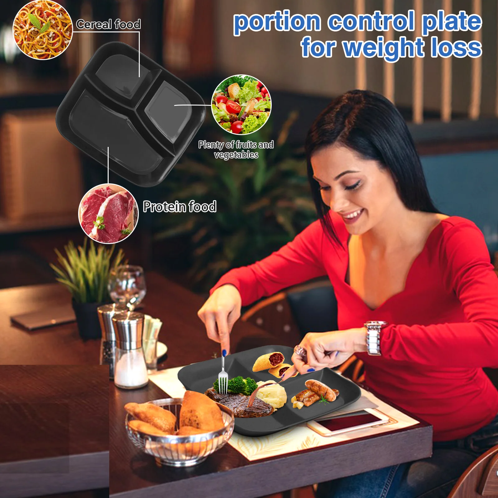 YUESHENGHAO10-inch (5PCS)unbreakable wheat child/adult divider plate, 3-compartment divider plate, dishwasher/microwave safe divider plate/Lightweight reusable plastic divider plate, BPA-free (black)