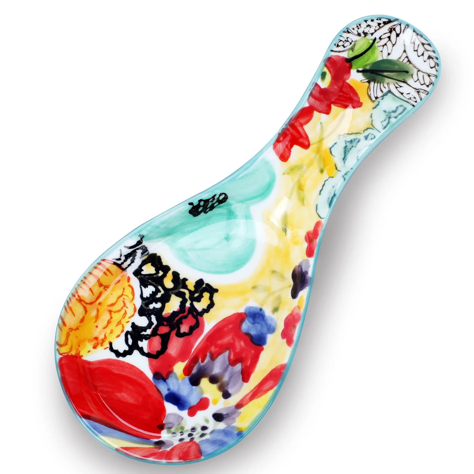 Colorful Hand Painted Spoon Rest - Ceramic Large Spoon Holder for Kitchen Counter Stove Top, Dishwasher Safe, Multicolor