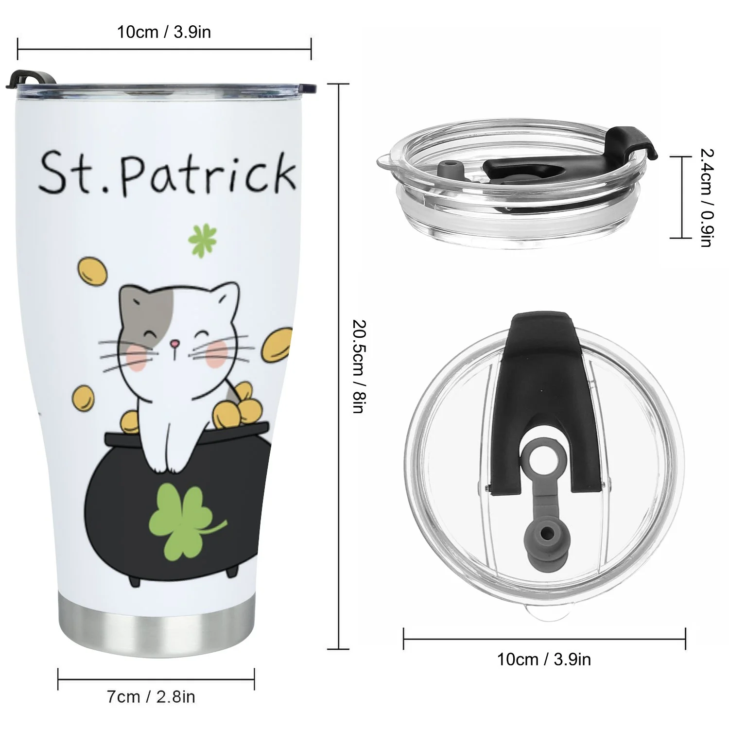 Hidove Stainless Steel Tumbler, Cute Cat for St Patrick Day Cartoon Style 30oz Leak Proof & Stainless Steel Bottle for Hot & Cold Drinks - Coffee Travel Mug, Water Metal Canteen, Thermal Cup