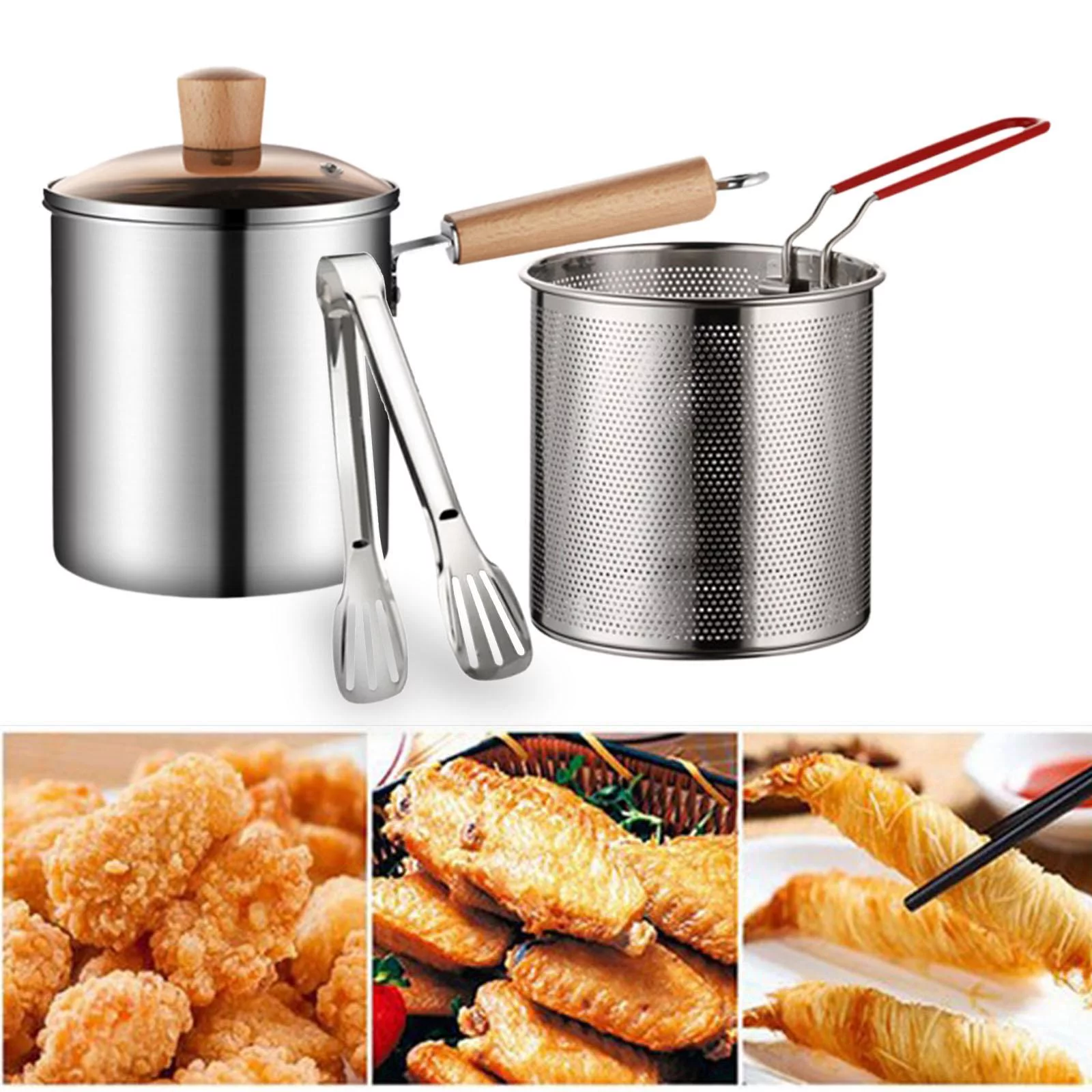 Deep Fryers Frying Pot Multifunction Kitchenware Pot and Lids Japanese Tempura Frying Pot for Outdoor Tempura French Fries Pot with Basket Clip
