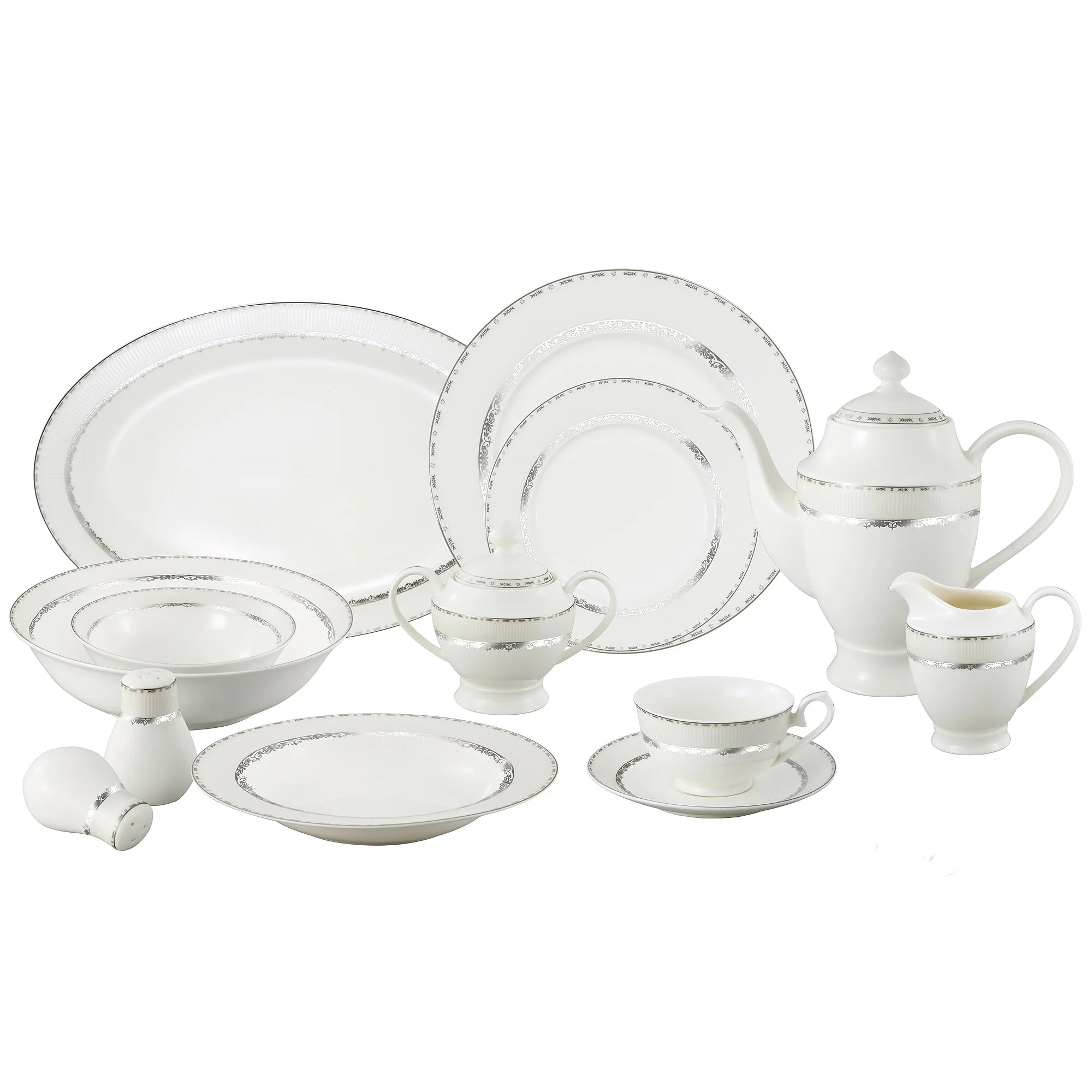 Lorren Home Trend  La Luna Bone China 57-piece Silver Embossed Dinnerware Set