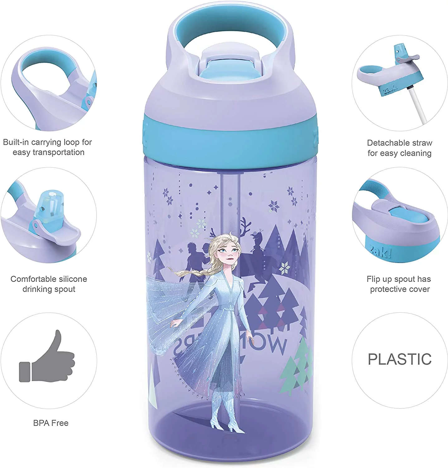 Zak Designs Disney Frozen 2 Kids Straw and Built in Carrying Loop Made of Durable Plastic, Leak-Proof Water Bottle Design, 16 oz, Elsa, FRZH-T383
