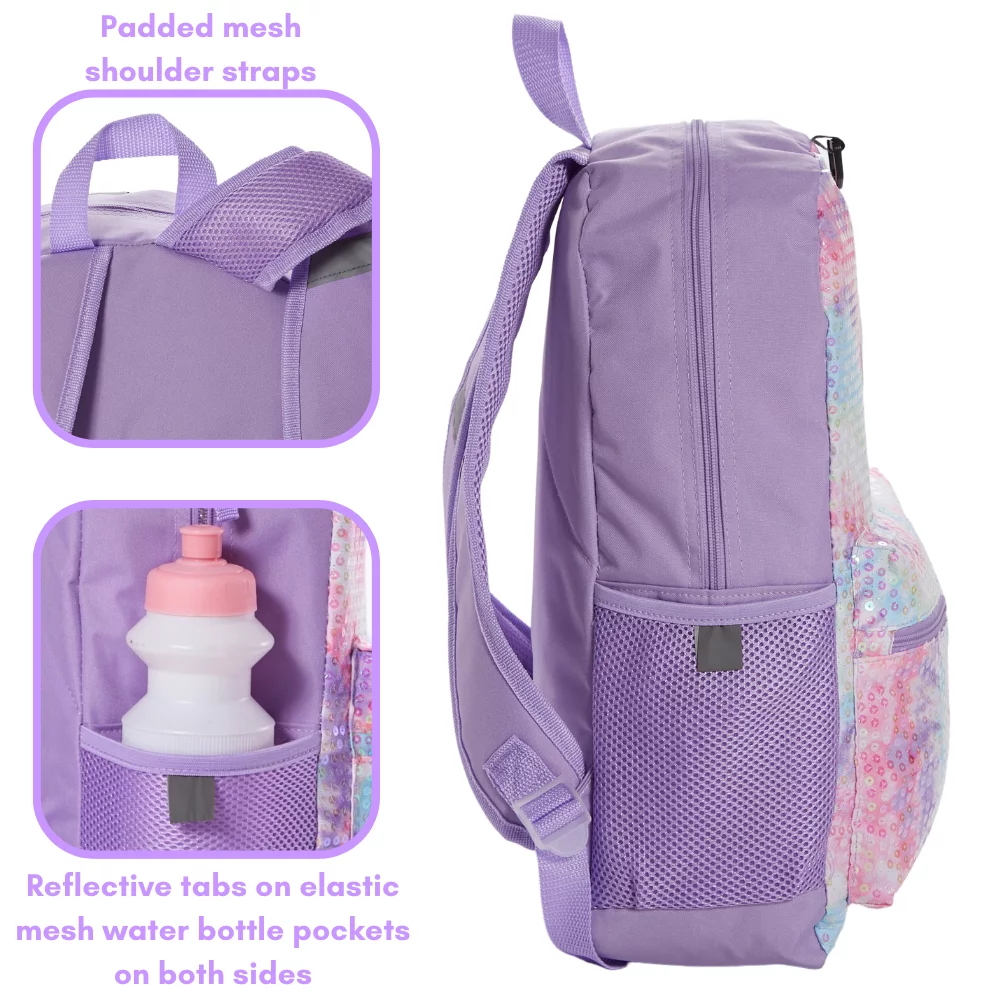 CLUB LIBBY LU Sequin Tie Dye Girls Backpack with Lunch Box and Water Bottle 6 Piece Set 16 inch Pink
