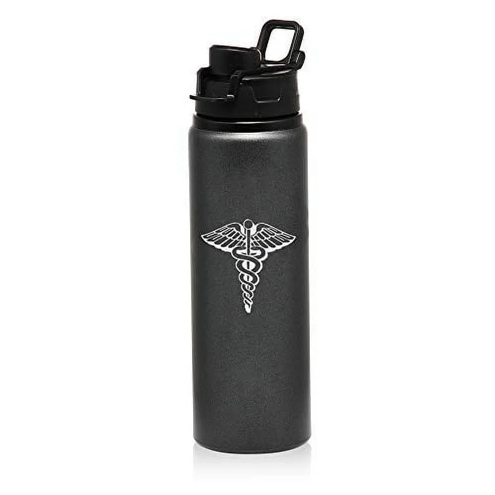 MIP Brand 25 oz Aluminum Sports Water Travel Bottle Medical Symbol Caduceus Physician (Charcoal)