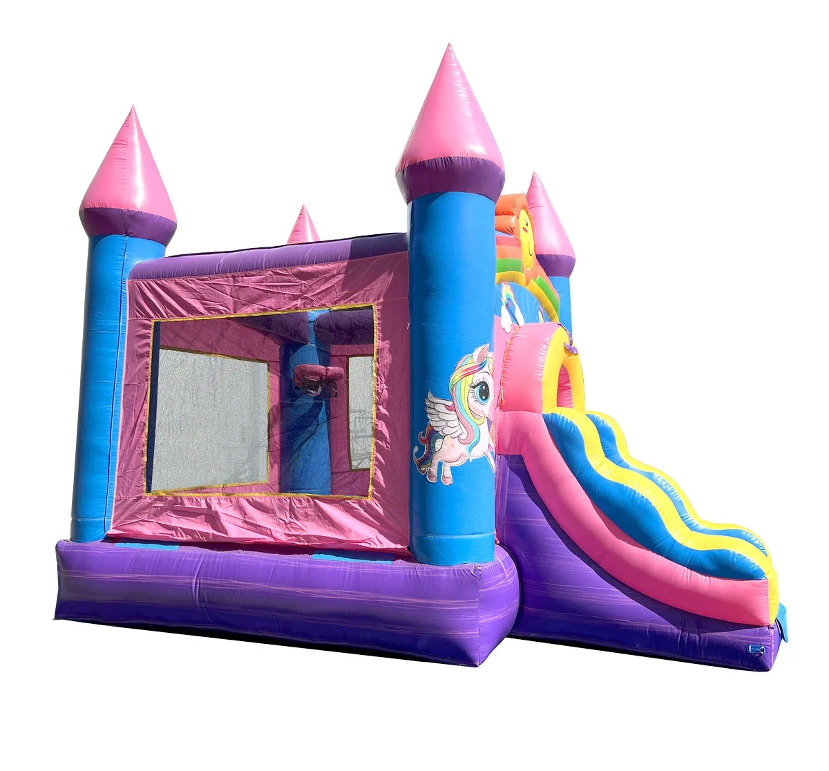 Pogo Bounce House Crossover Bounce House with Slide, Pink Smiley Face