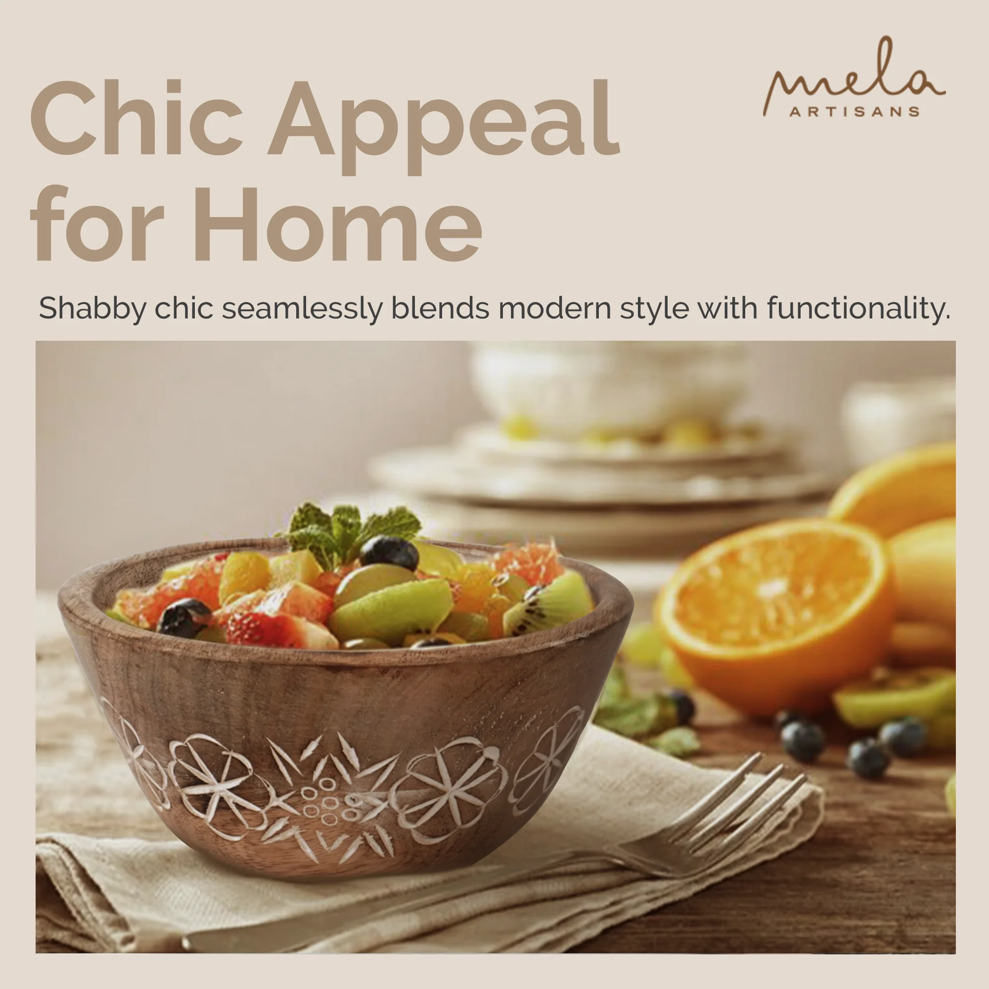 Mela Artisans Hand Carved Small Wooden Serving Bowl - Natural Over White, 6