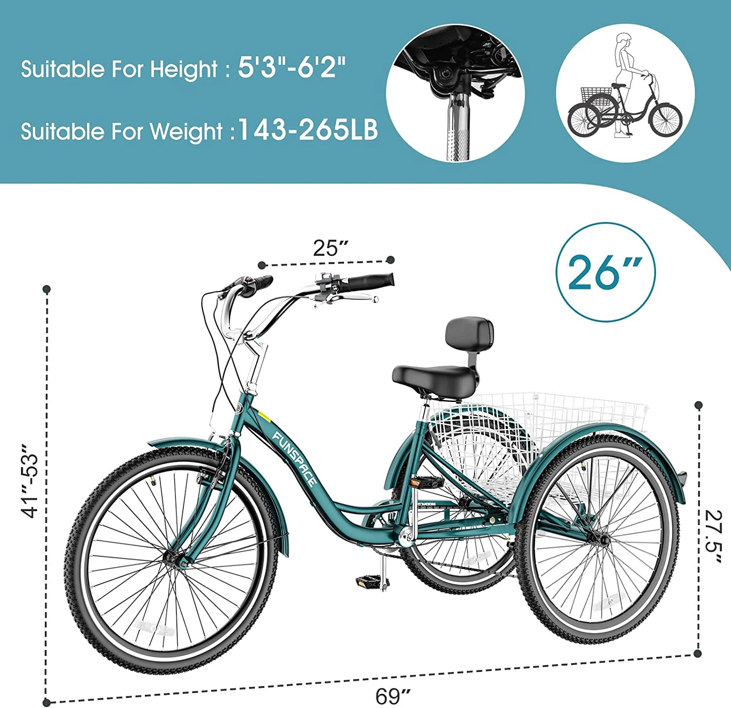 MOONCOOL Adult Tricycle Bike, Upgarded Wider 7 Speed 24 & 26-Inch Three Wheel Bike Cruise Trike, Low Step-Through with Backrest & Cargo Basket
