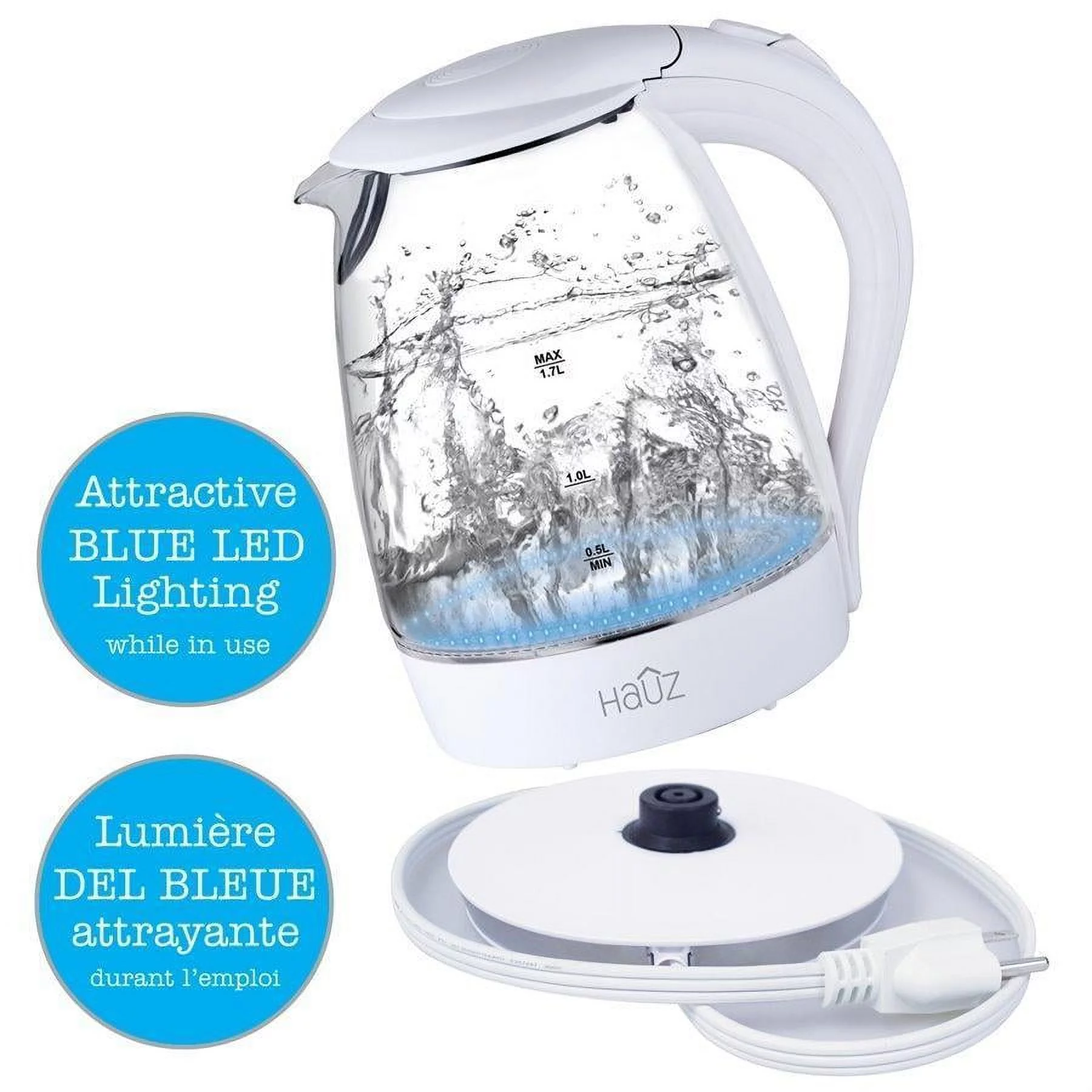 Hauz Blue LED Illuminated Glass Kettle 7 Cups 1.7 Liters White